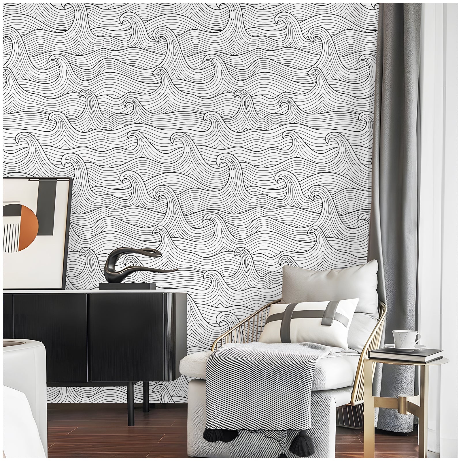 Floralplus Wallpaper Peel and Stick Ocean Wave Black White Coastal Bathroom Kids Room Removable Wall Decor Self Adhesive Modern Mural