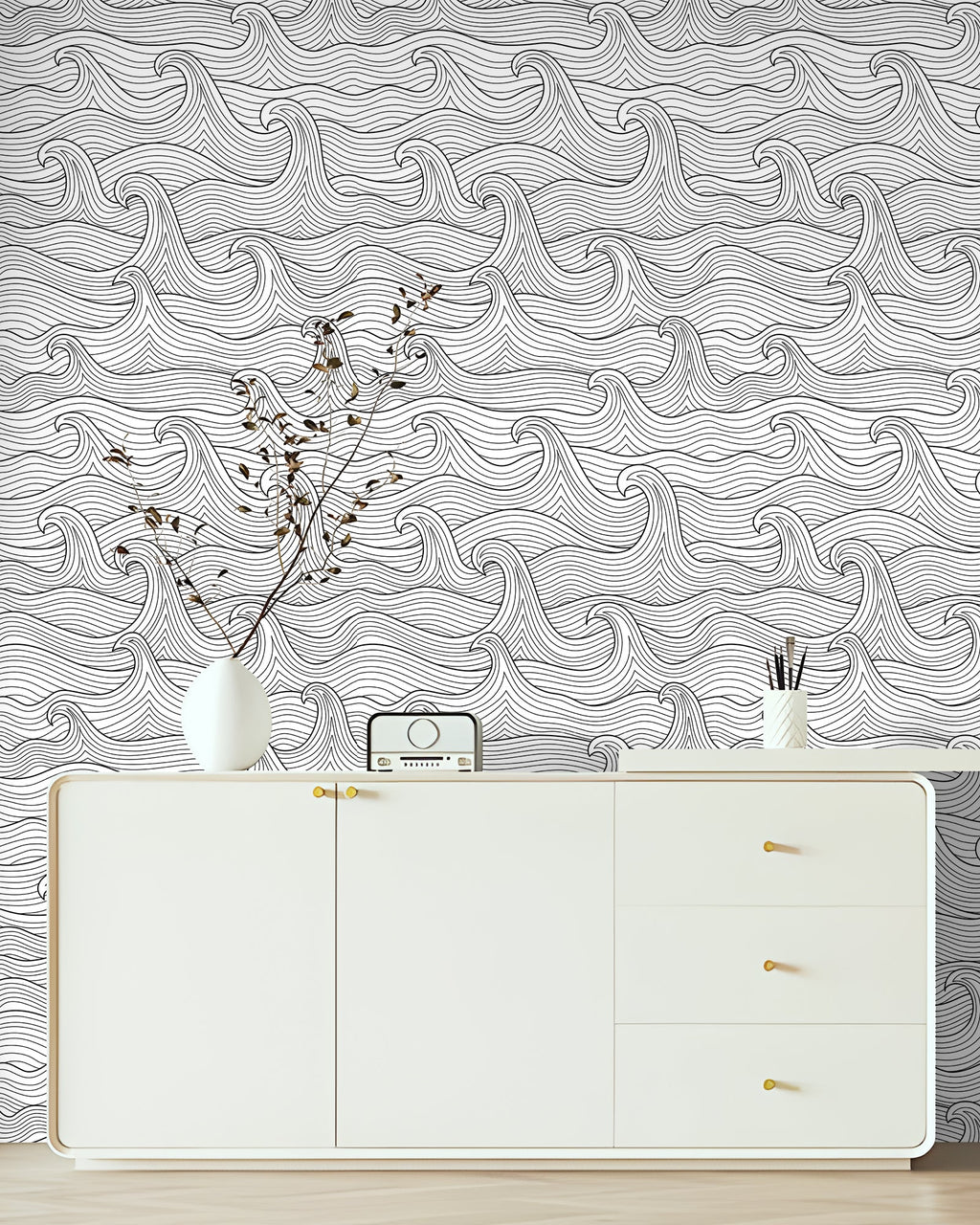 Floralplus Wallpaper Peel and Stick Ocean Wave Black White Coastal Bathroom Kids Room Removable Wall Decor Self Adhesive Modern Mural