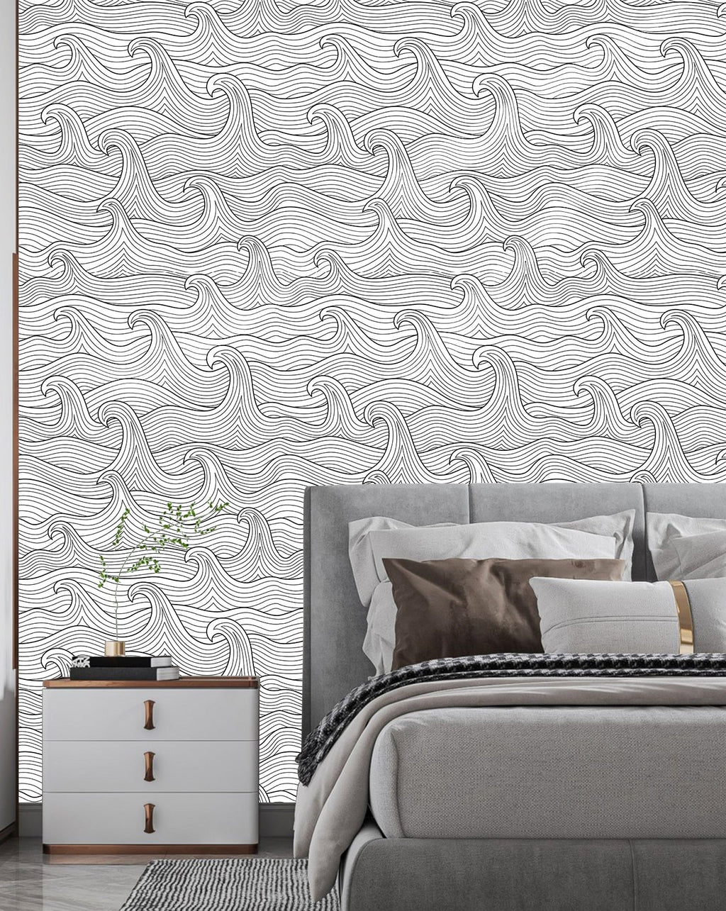 Floralplus Wallpaper Peel and Stick Ocean Wave Black White Coastal Bathroom Kids Room Removable Wall Decor Self Adhesive Modern Mural