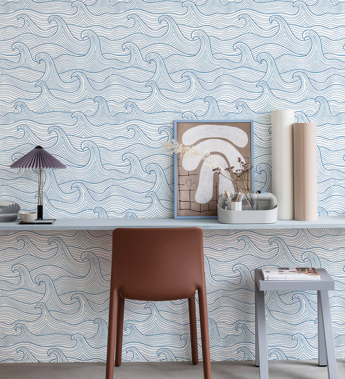 Floralplus Wallpaper Peel and Stick Ocean Wave Blue White Coastal Nautical Kids Room Bathroom Accent Wall Decor Removable Mural