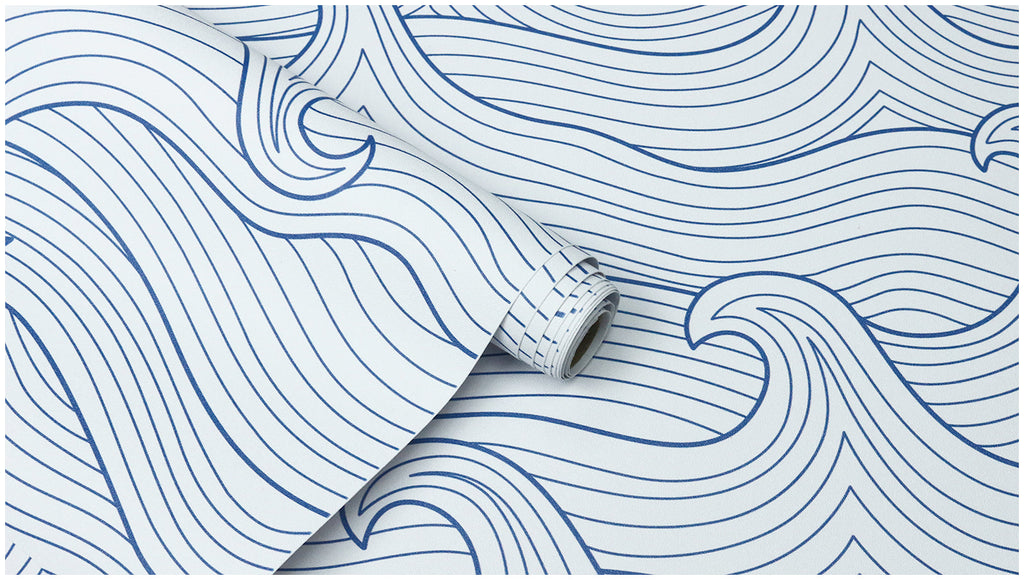 Floralplus Wallpaper Peel and Stick Ocean Wave Blue White Coastal Nautical Kids Room Bathroom Accent Wall Decor Removable Mural