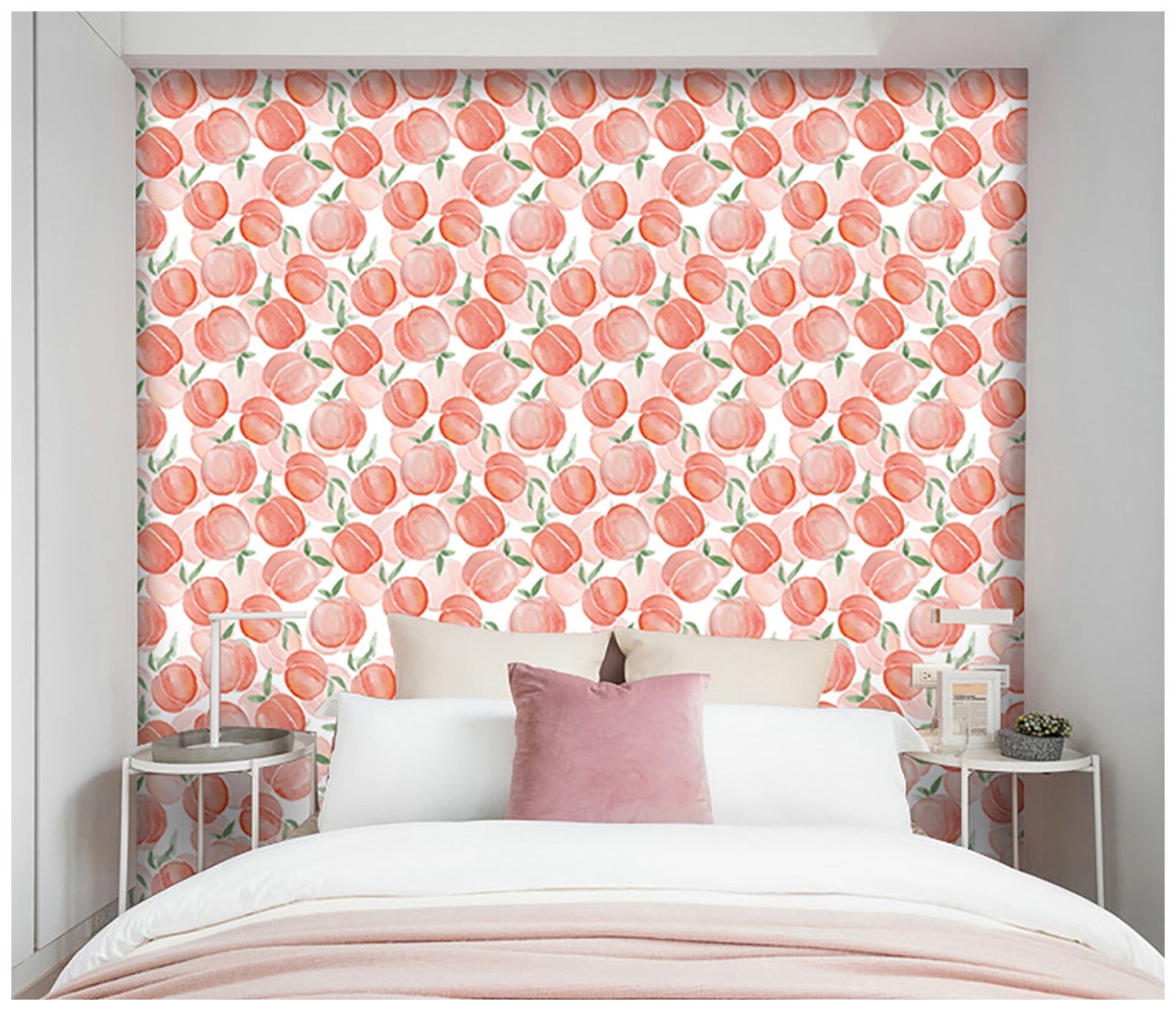 Floralplus Wallpaper Peel and Stick Peach Fruit Watercolor Orange Pink Green Kitchen Nursery Kids Room Removable Mural