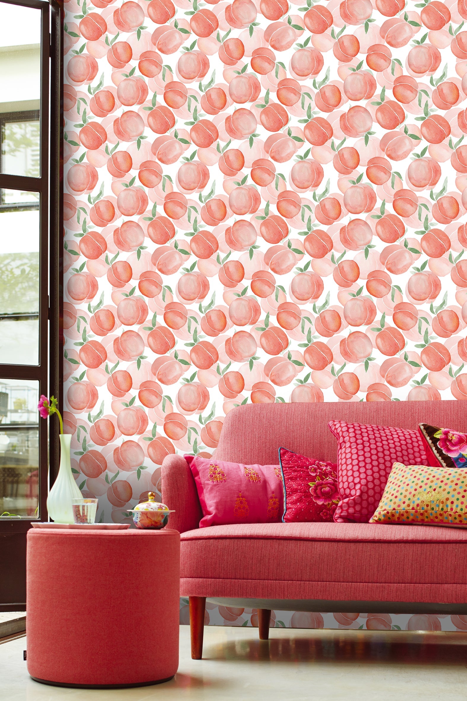 Floralplus Wallpaper Peel and Stick Peach Fruit Watercolor Orange Pink Green Kitchen Nursery Kids Room Removable Mural