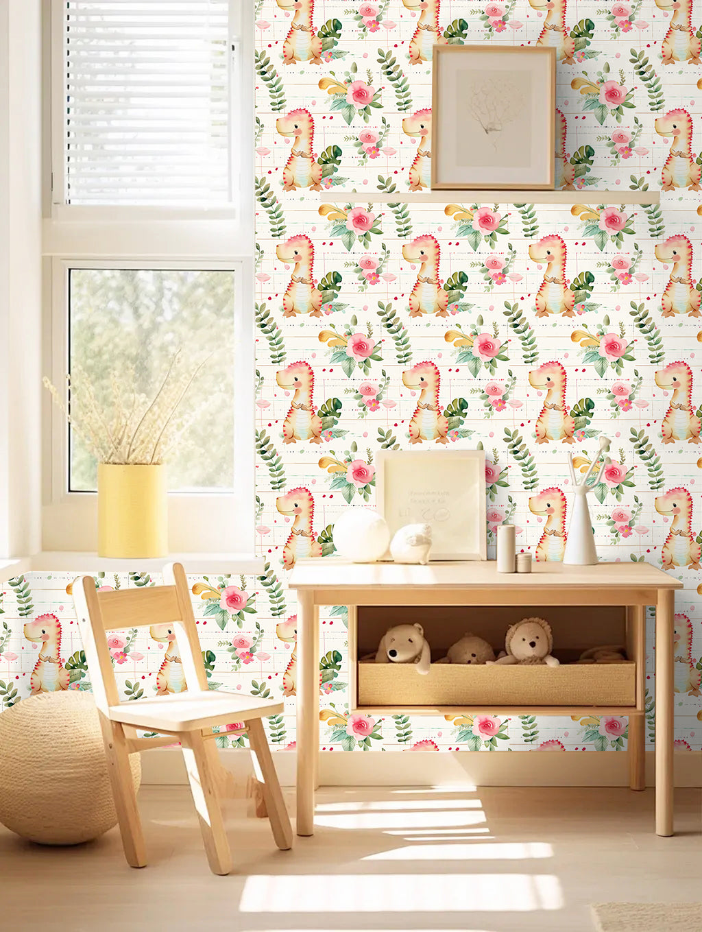 Floralplus Wallpaper Peel and Stick Pink Dinosaur Floral Kids Nursery Removable Wall Decor Playroom Bedroom Baby Girl Self Adhesive