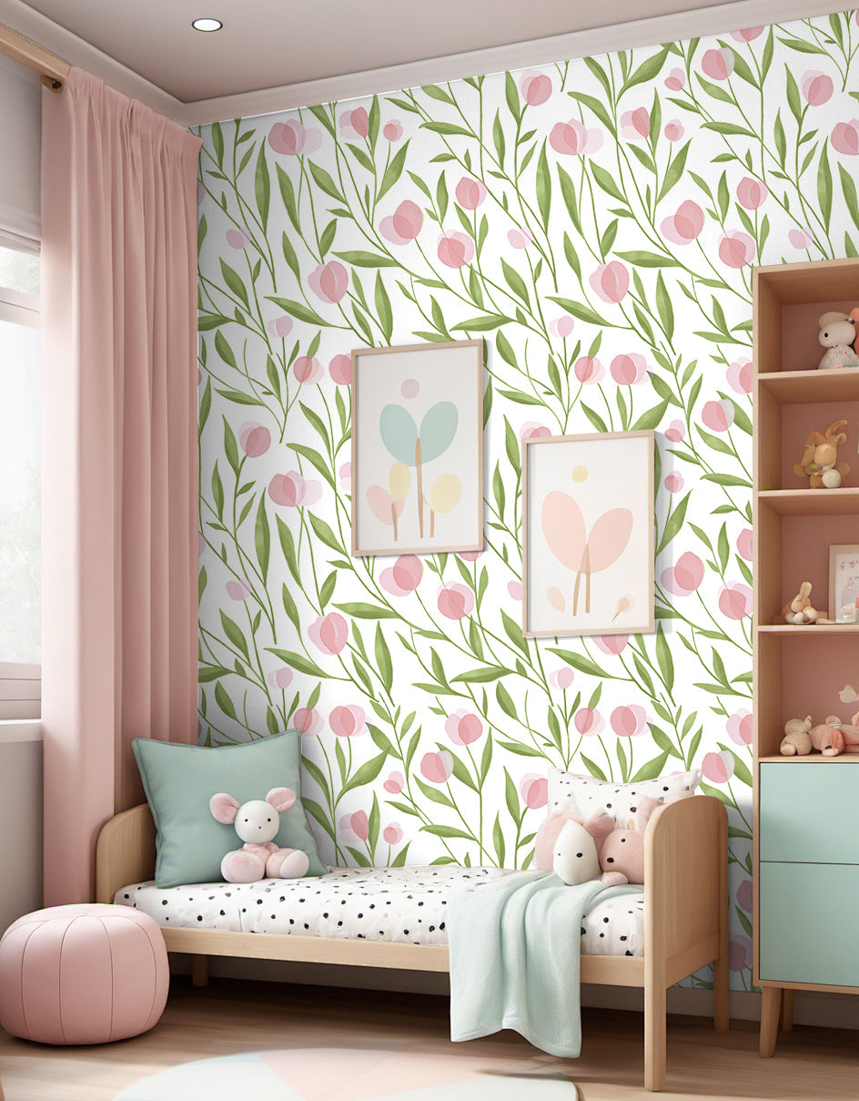 Floralplus Wallpaper Peel and Stick Pink Green Botanical Floral Watercolor Flower Wall Decor Modern Removable Wallpaper Self Adhesive Wall Mural for Bedroom Living Room Nursery Bathroom
