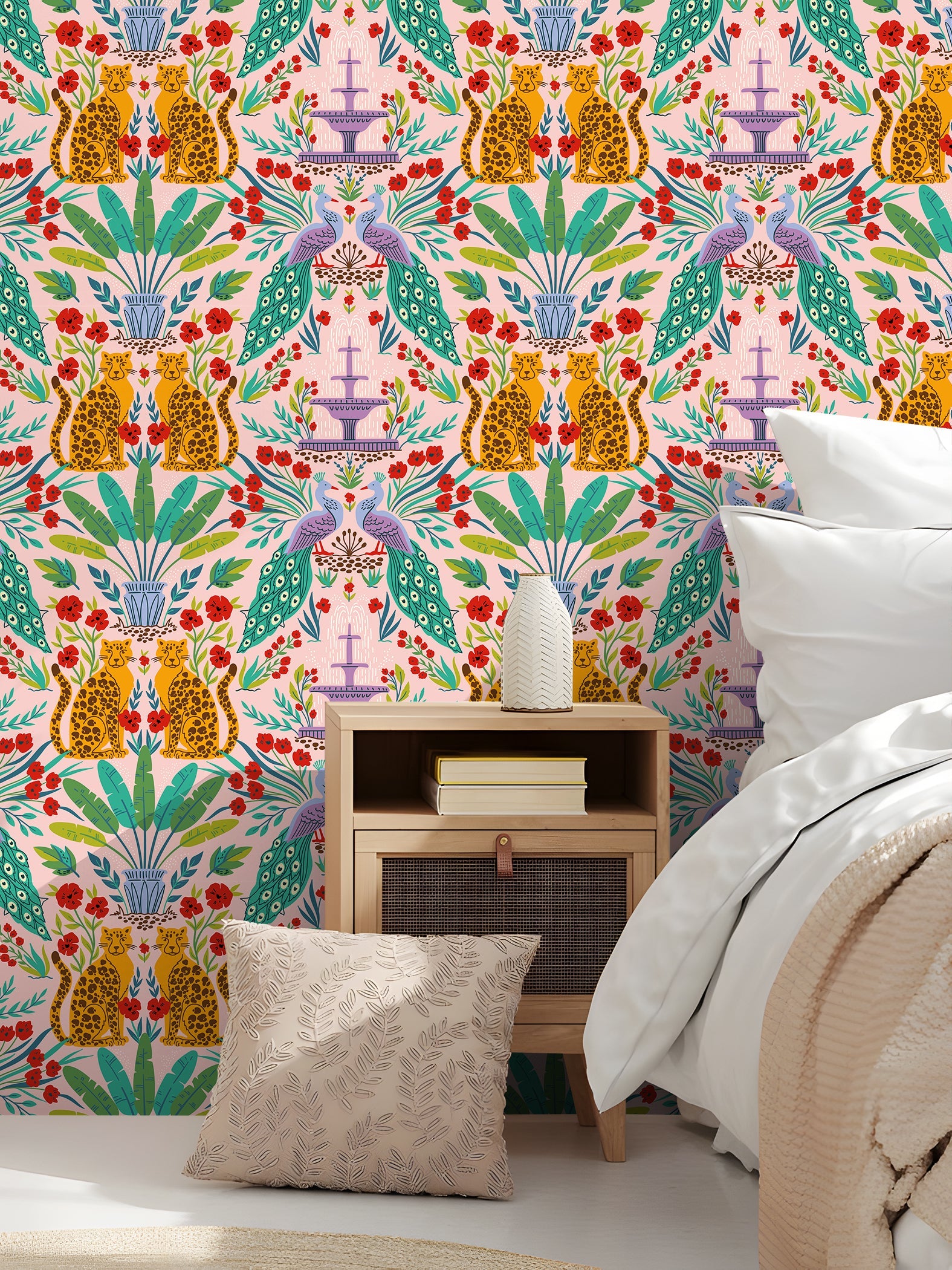 Floralplus Wallpaper Peel and Stick Pink Jungle Leopard Peacock Kids Room Nursery Bathroom Removable Wall Mural