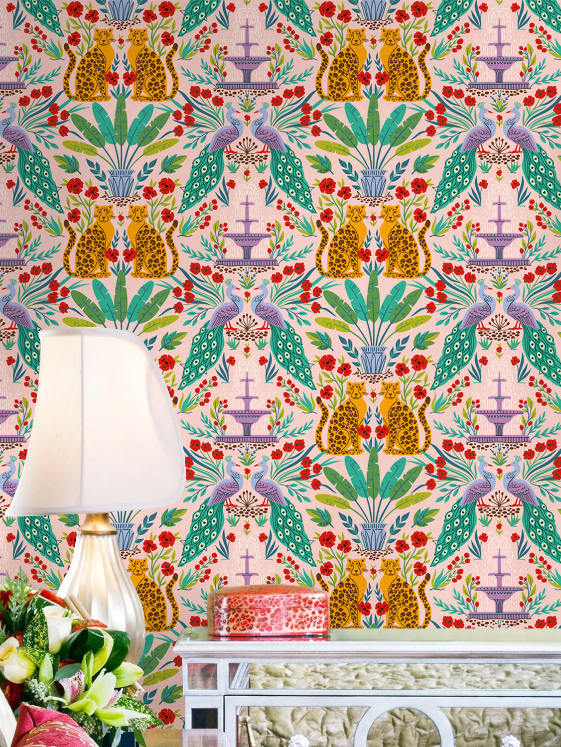 Floralplus Wallpaper Peel and Stick Pink Jungle Leopard Peacock Kids Room Nursery Bathroom Removable Wall Mural