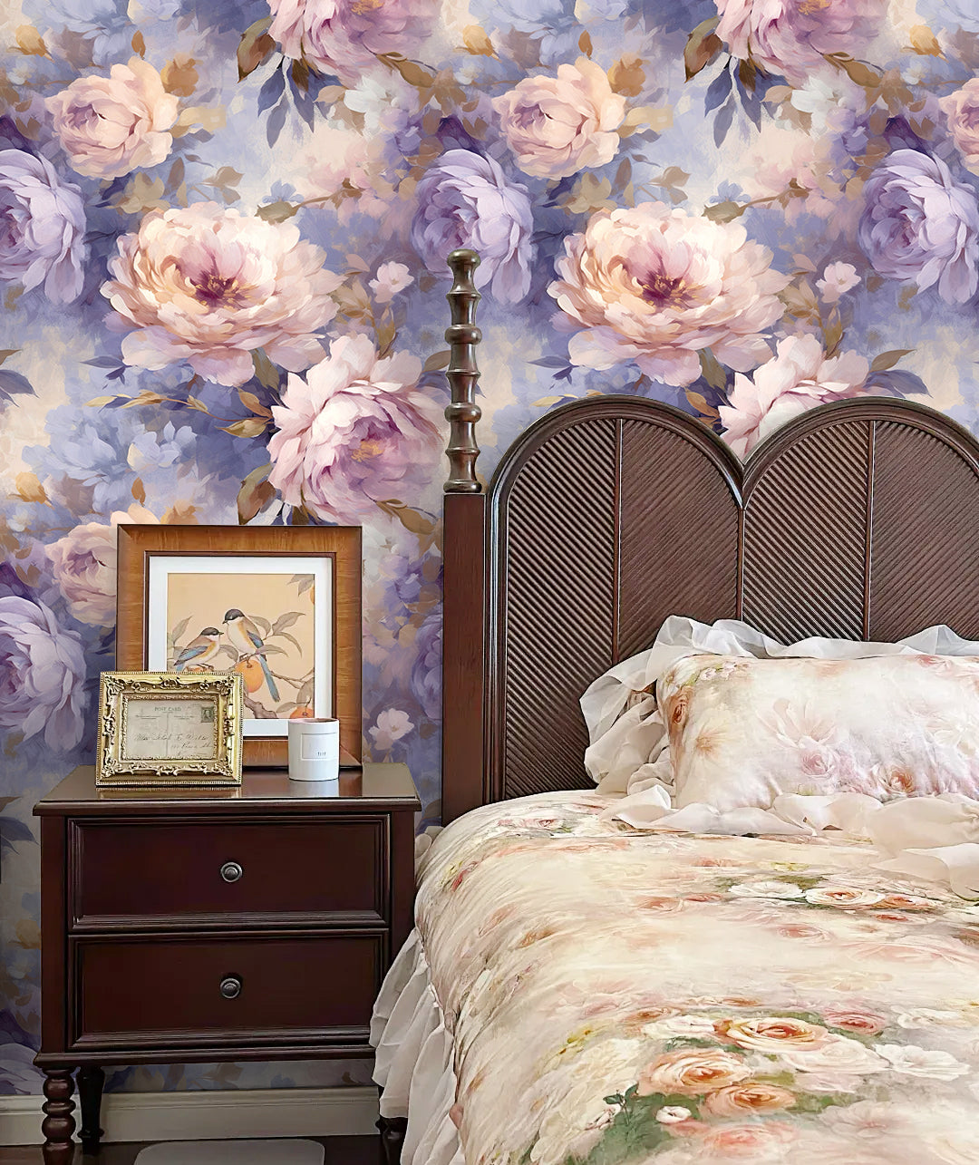 Floralplus Wallpaper Peel and Stick Purple Beige Peony Floral Vintage Oil Painting Wall Mural Removable Wall Decor for Bedroom Living Room Nursery