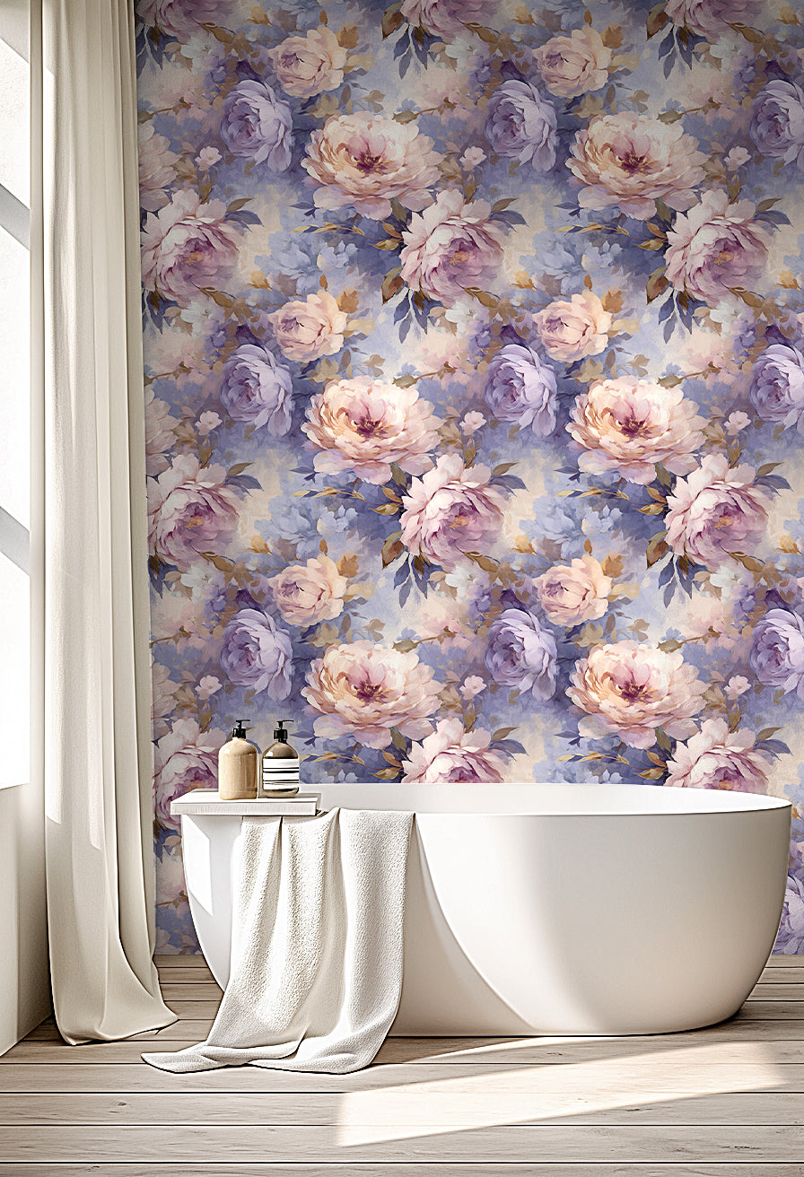 Floralplus Wallpaper Peel and Stick Purple Beige Peony Floral Vintage Oil Painting Wall Mural Removable Wall Decor for Bedroom Living Room Nursery