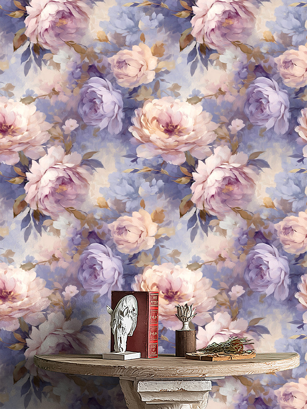 Floralplus Wallpaper Peel and Stick Purple Beige Peony Floral Vintage Oil Painting Wall Mural Removable Wall Decor for Bedroom Living Room Nursery