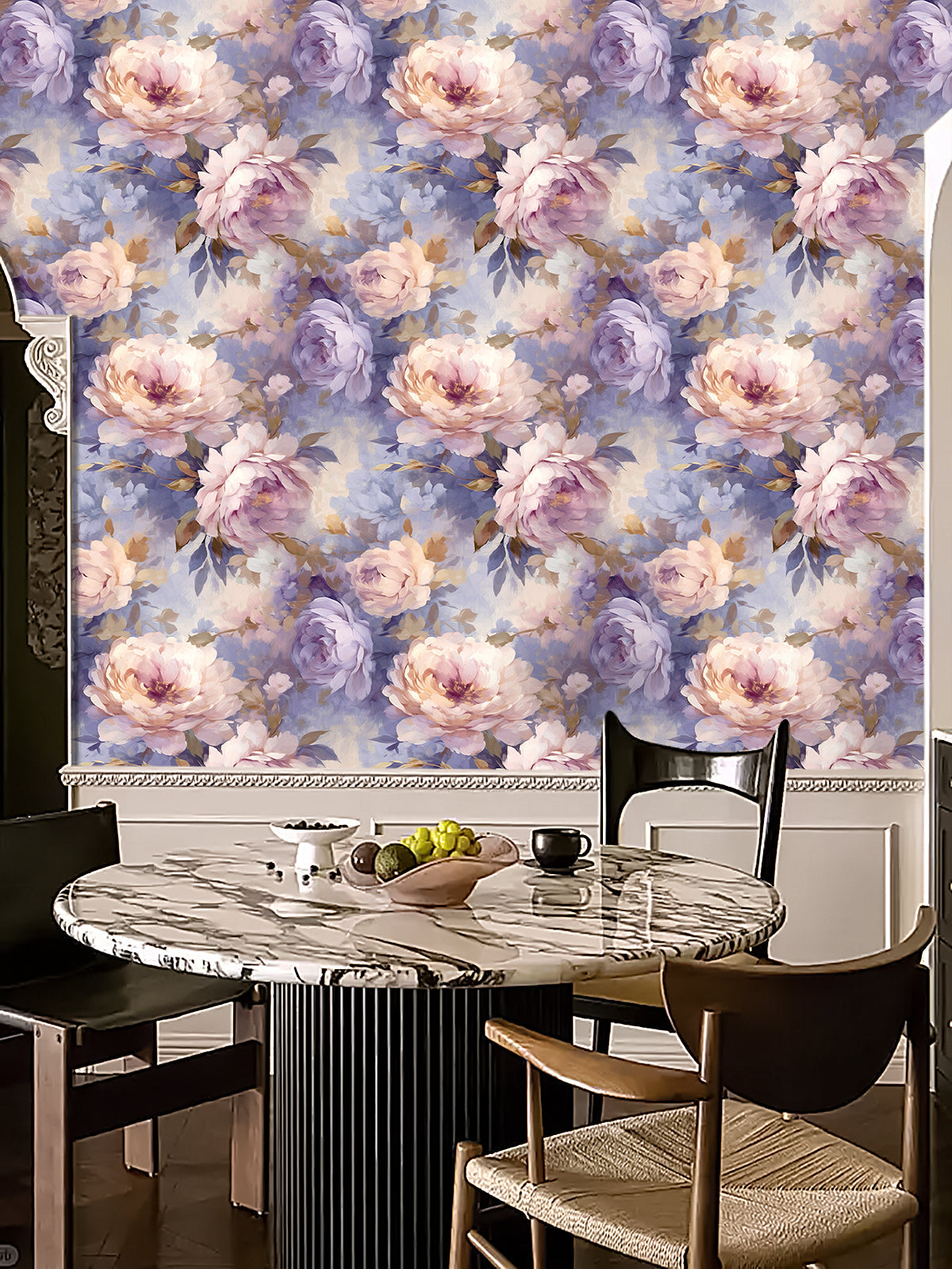 Floralplus Wallpaper Peel and Stick Purple Beige Peony Floral Vintage Oil Painting Wall Mural Removable Wall Decor for Bedroom Living Room Nursery