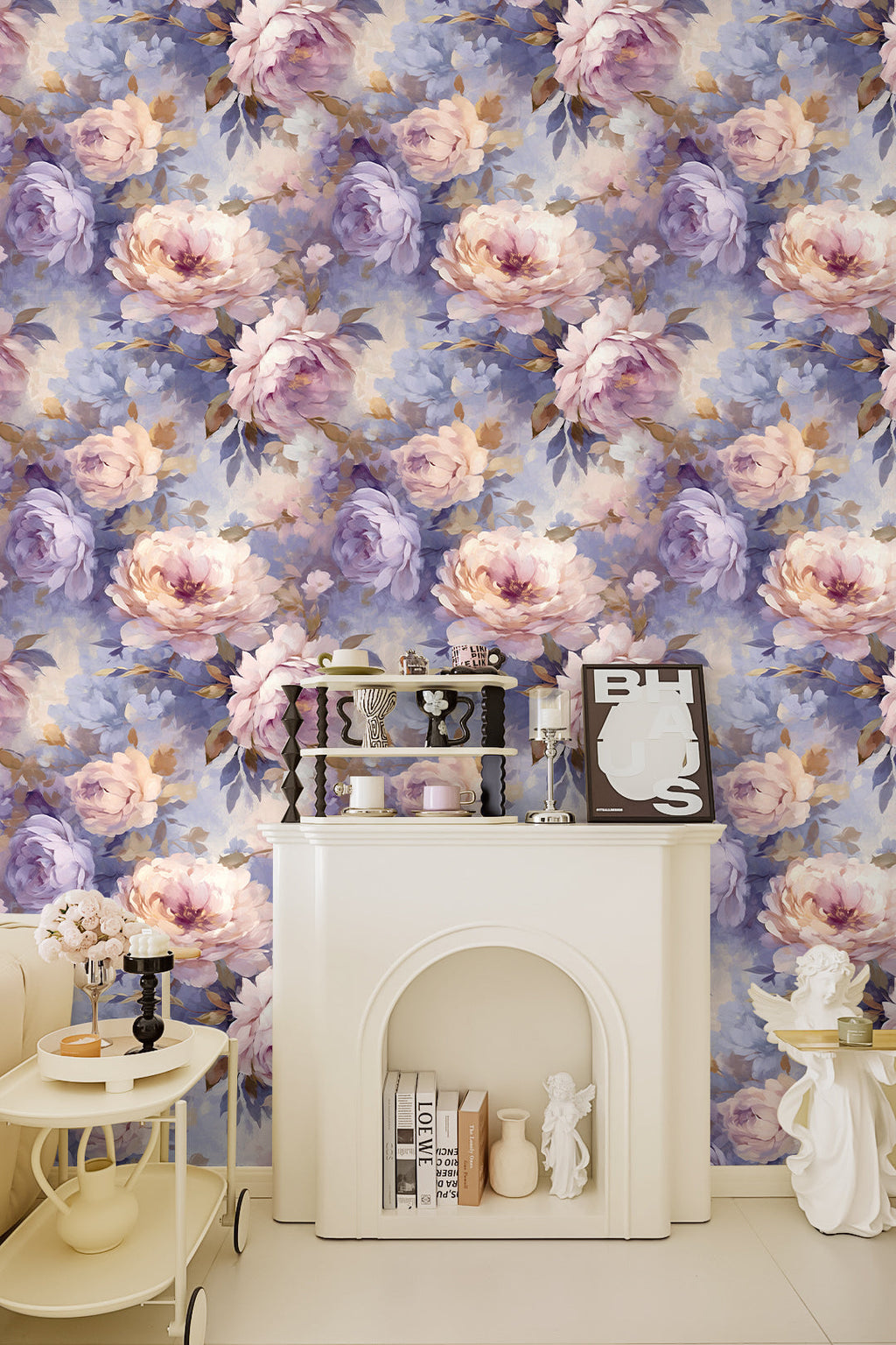 Floralplus Wallpaper Peel and Stick Purple Beige Peony Floral Vintage Oil Painting Wall Mural Removable Wall Decor for Bedroom Living Room Nursery