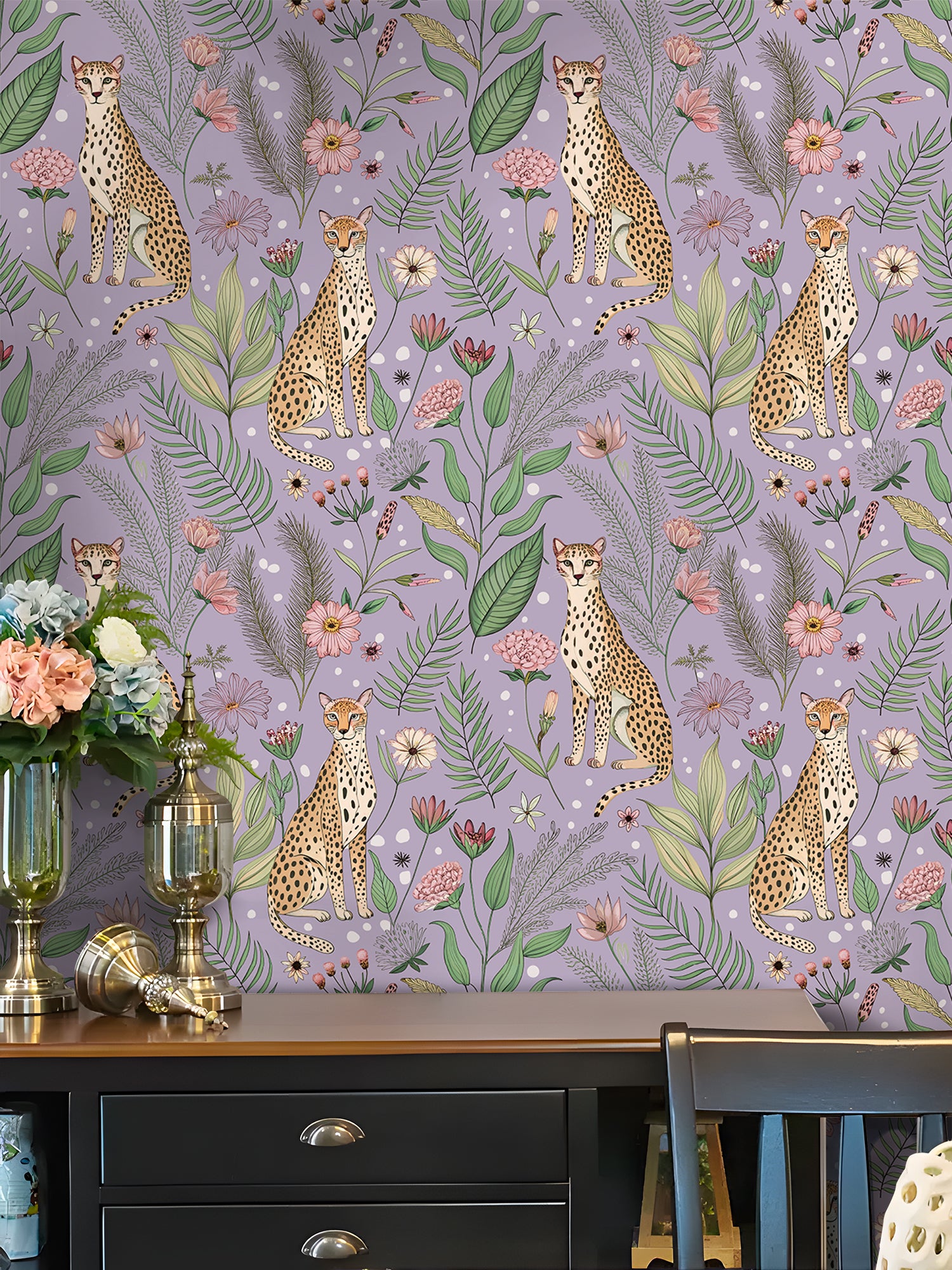 Floralplus Wallpaper Peel and Stick Purple Leopard Jungle Floral Removable Wall Mural Nursery Kids Room Decor