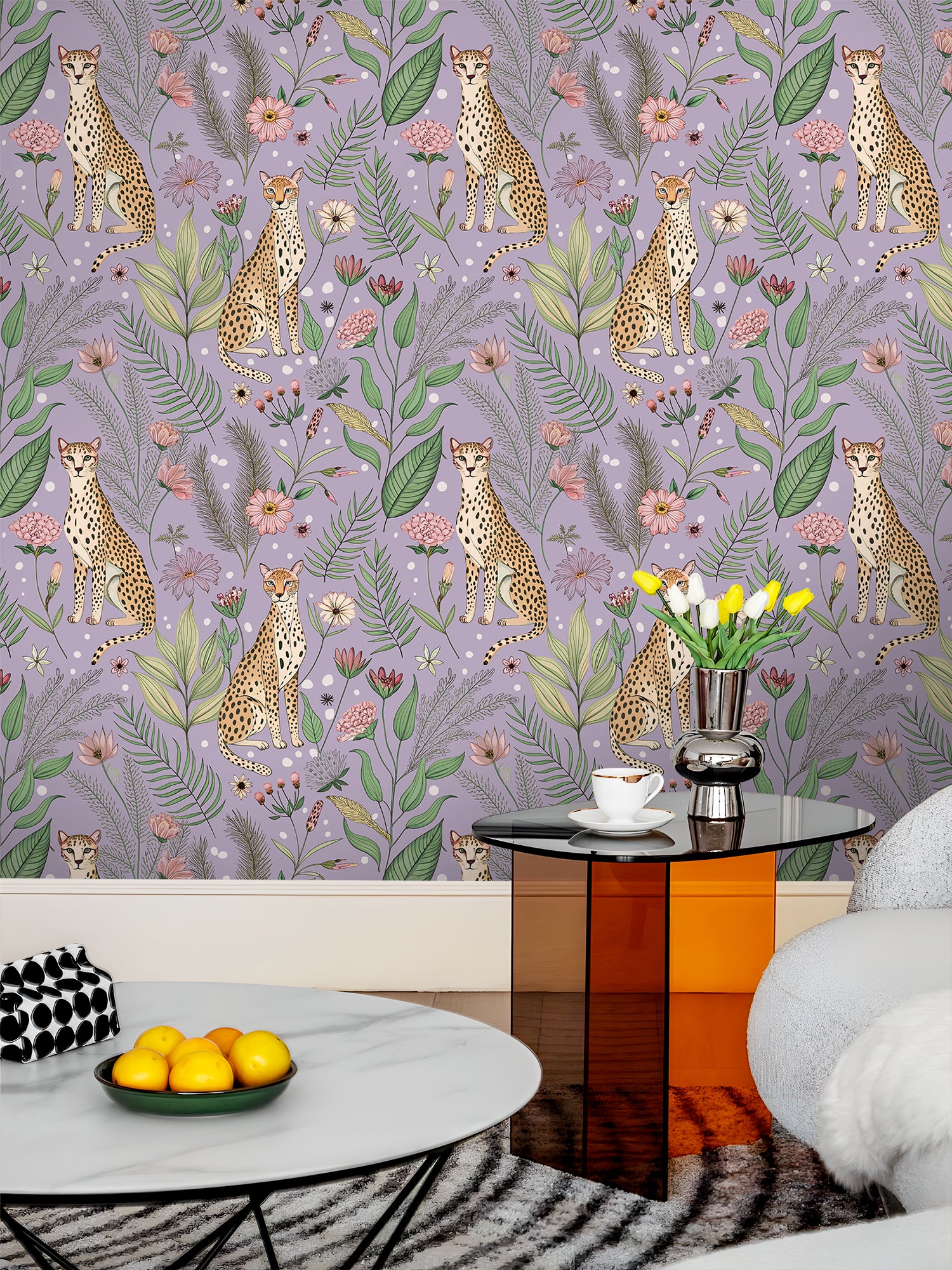 Floralplus Wallpaper Peel and Stick Purple Leopard Jungle Floral Removable Wall Mural Nursery Kids Room Decor