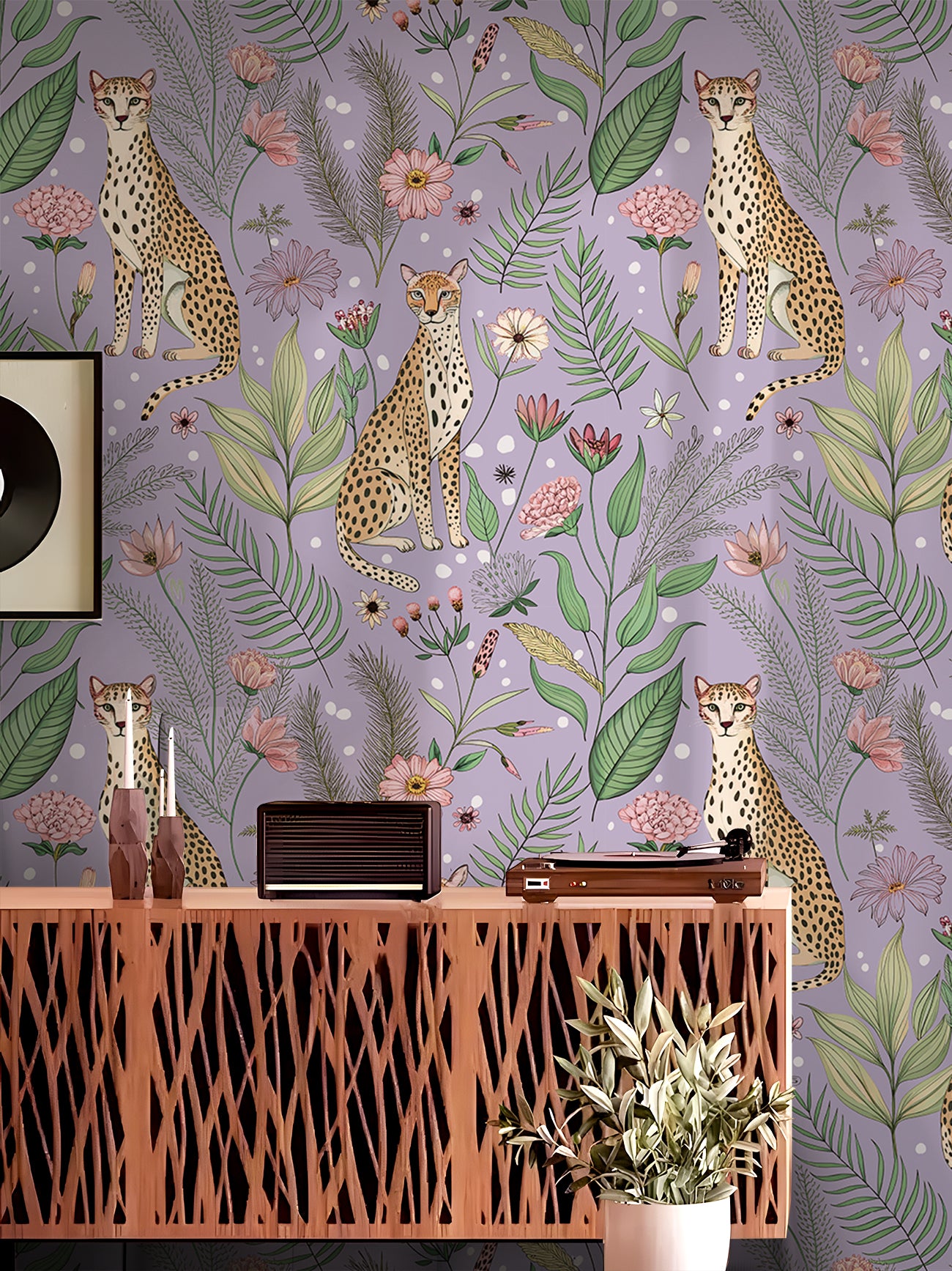 Floralplus Wallpaper Peel and Stick Purple Leopard Jungle Floral Removable Wall Mural Nursery Kids Room Decor