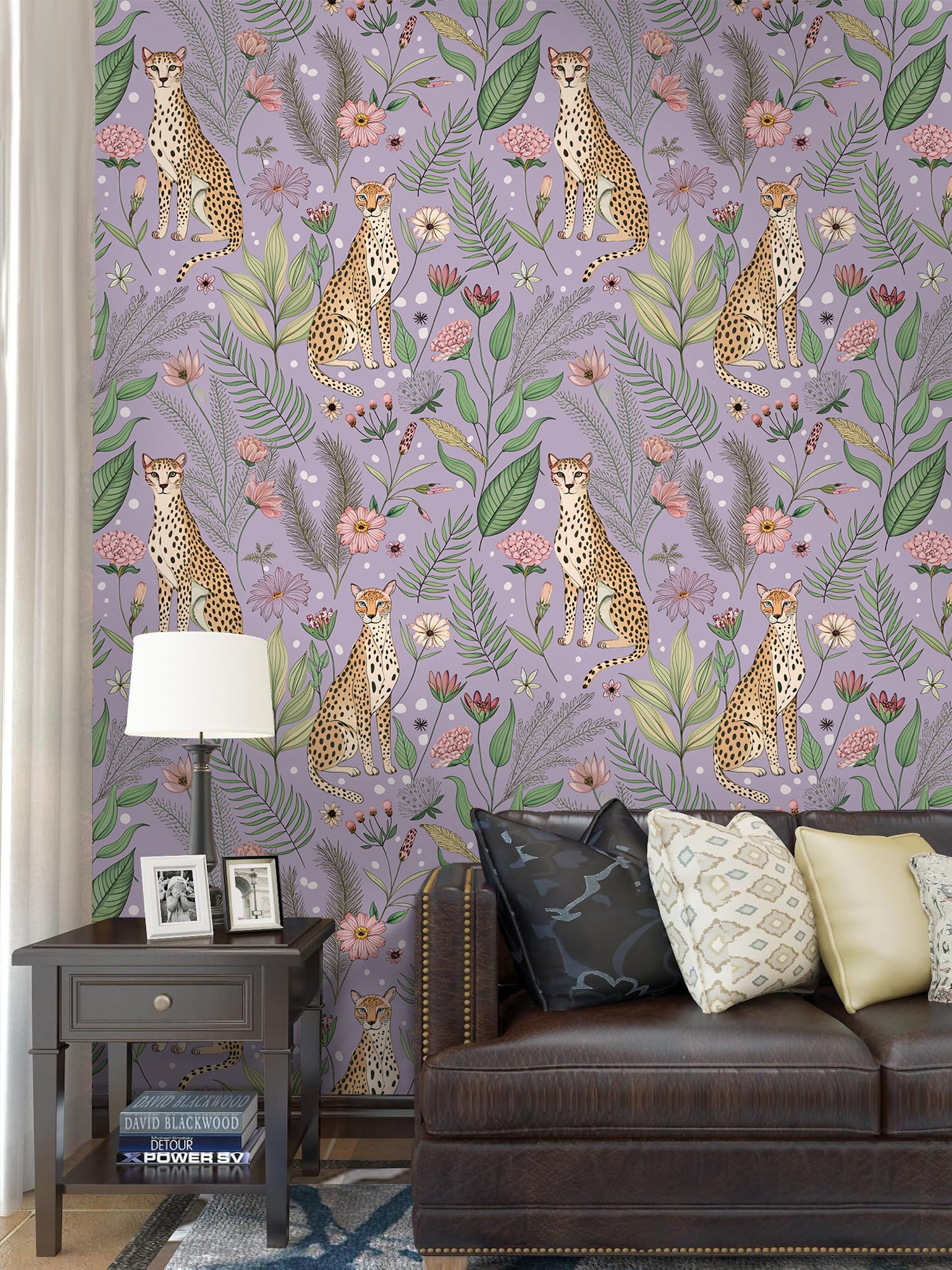 Floralplus Wallpaper Peel and Stick Purple Leopard Jungle Floral Removable Wall Mural Nursery Kids Room Decor