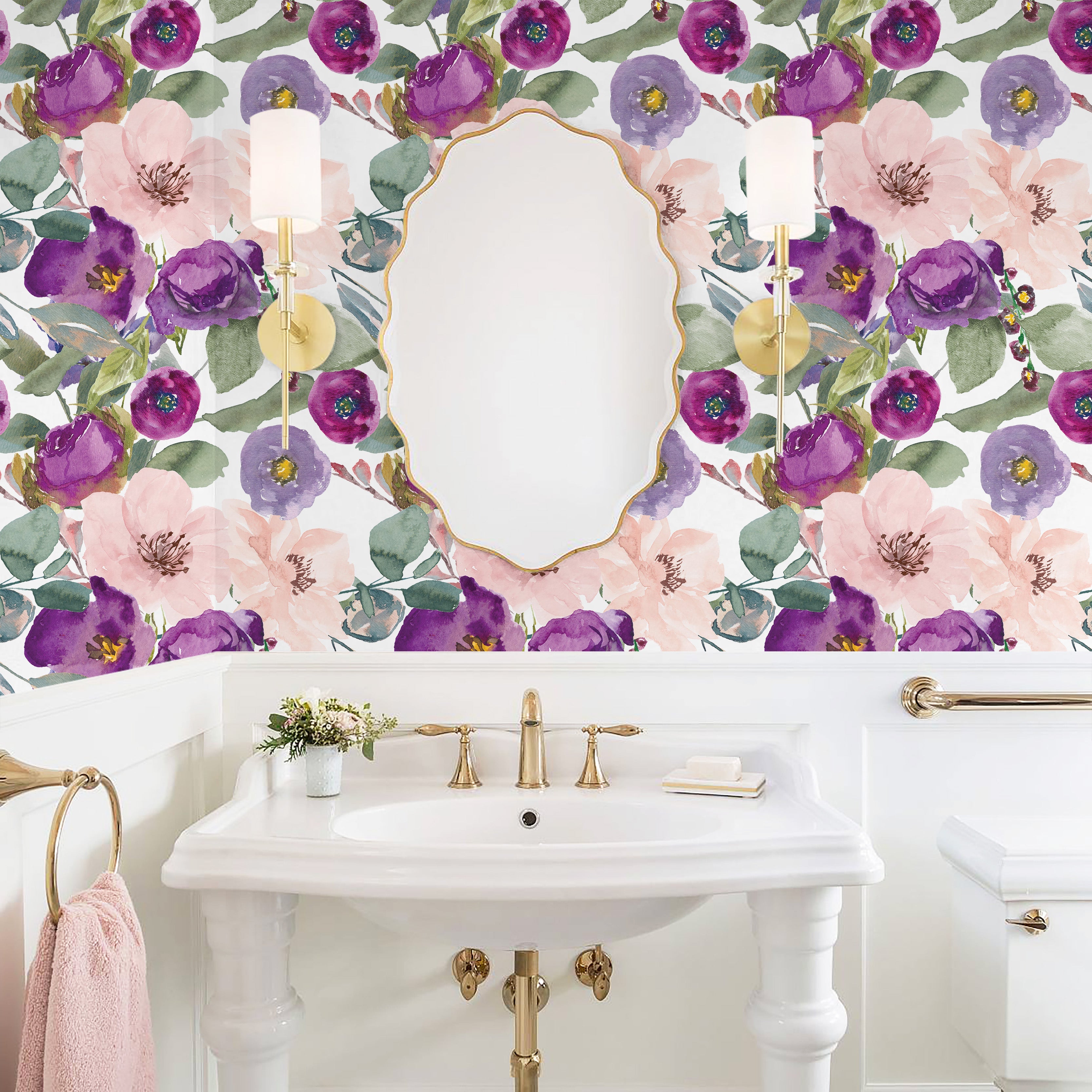 Floralplus Wallpaper Peel and Stick Purple Pink Watercolor Floral Botanical Wall Decor Self Adhesive Removable Wallpaper for Bedroom Living Room Bathroom Nursery