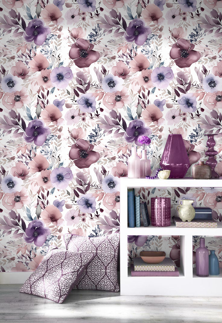 Floralplus Wallpaper Peel and Stick Purple Watercolor Floral Mural Romantic Boho Flower Removable Wall Decor for Bedroom Living Room Bathroom Nursery