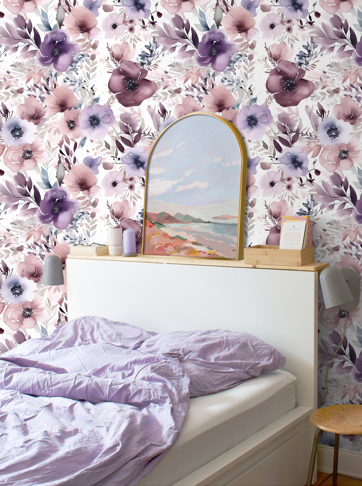 Floralplus Wallpaper Peel and Stick Purple Watercolor Floral Mural Romantic Boho Flower Removable Wall Decor for Bedroom Living Room Bathroom Nursery