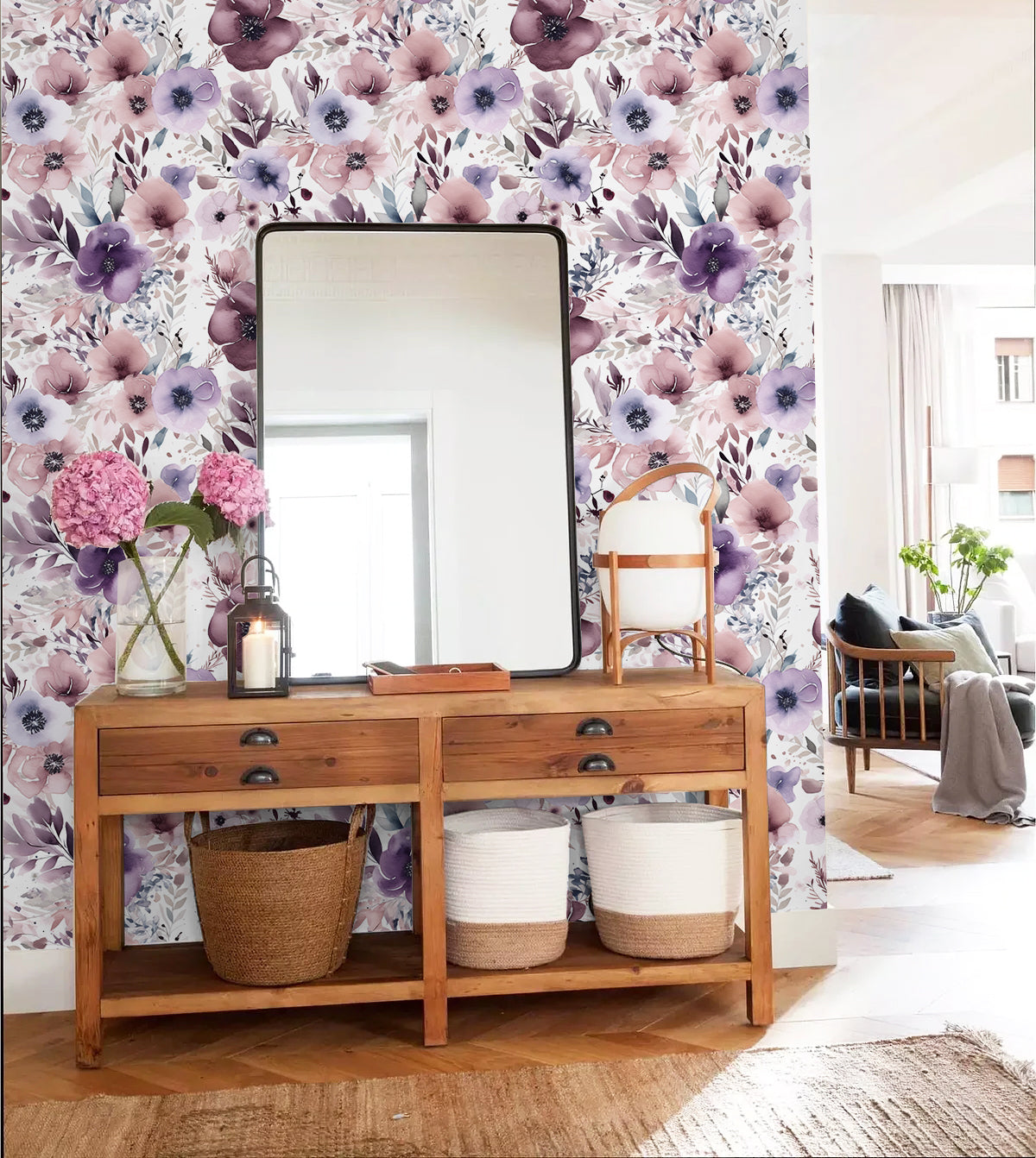 Floralplus Wallpaper Peel and Stick Purple Watercolor Floral Mural Romantic Boho Flower Removable Wall Decor for Bedroom Living Room Bathroom Nursery