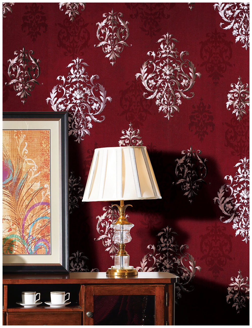 Floralplus Wallpaper Peel and Stick Red Damask Baroque Vintage Wall Decor Living Room Bedroom Removable Mural