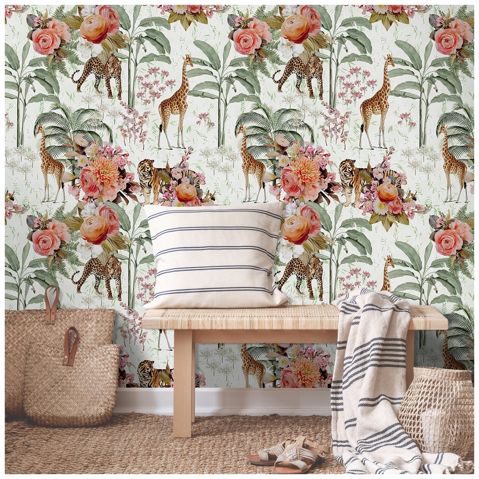 Floralplus Wallpaper Peel and Stick Safari Jungle Tropical Floral Animal Wall Decor Nursery Kids Room Playroom Bathroom Removable Mural