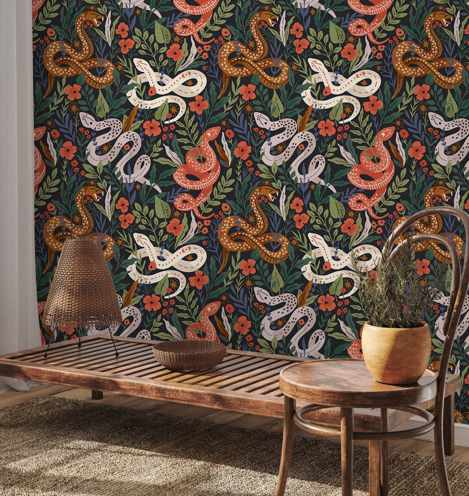 Floralplus Wallpaper Peel and Stick Snake Floral Dark Botanical Jungle Wall Decor Bedroom Living Room Bathroom Removable Mural