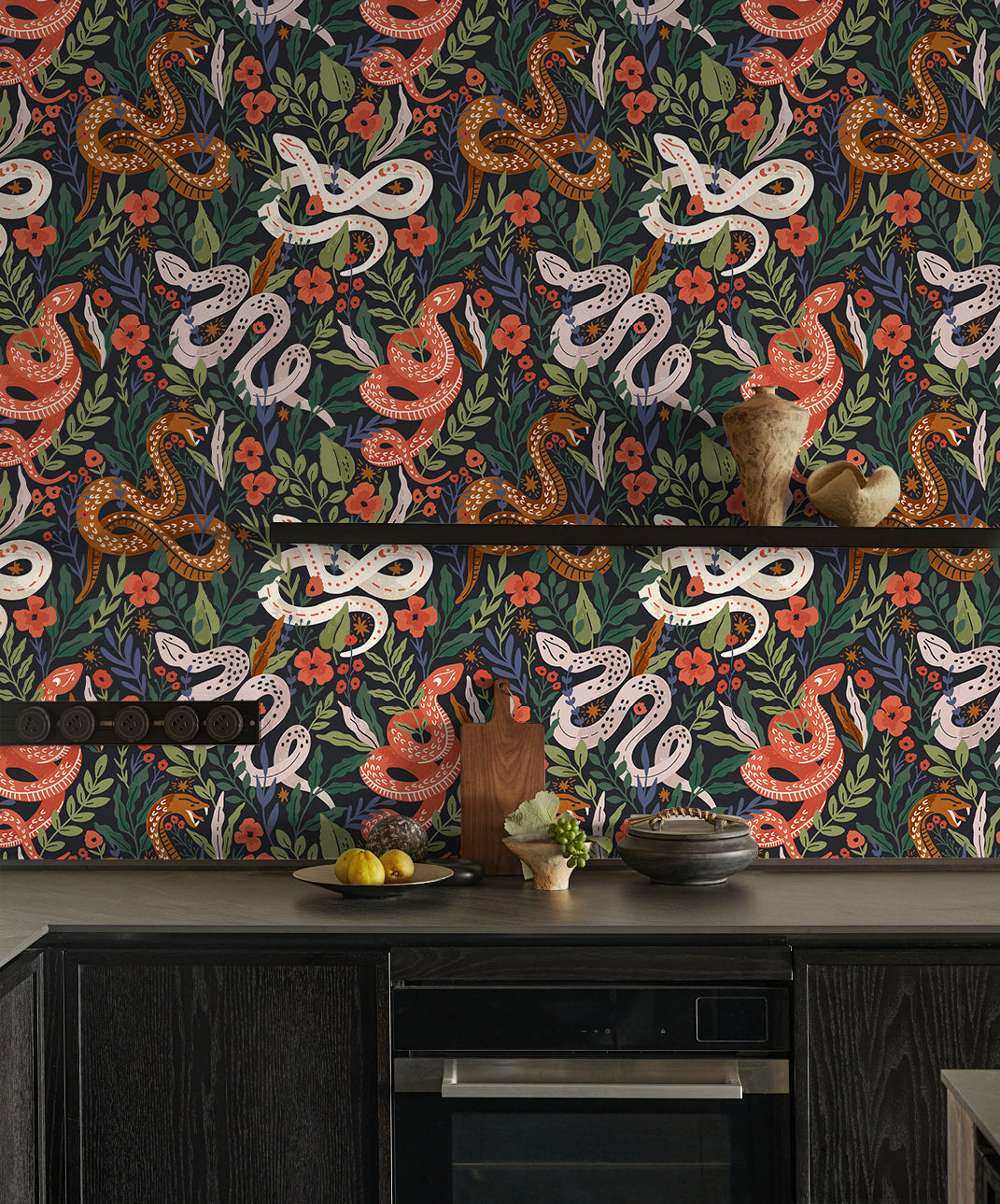 Floralplus Wallpaper Peel and Stick Snake Floral Dark Botanical Jungle Wall Decor Bedroom Living Room Bathroom Removable Mural