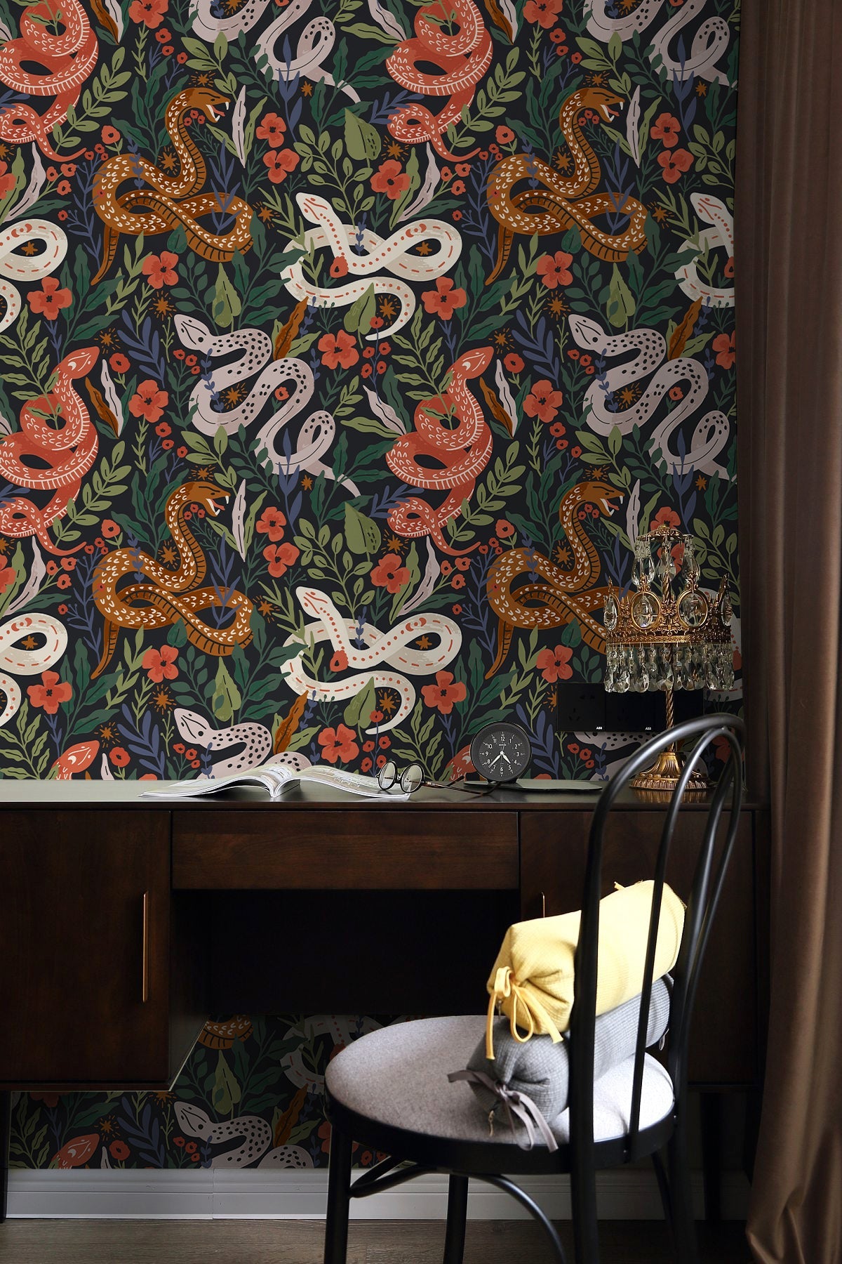 Floralplus Wallpaper Peel and Stick Snake Floral Dark Botanical Jungle Wall Decor Bedroom Living Room Bathroom Removable Mural