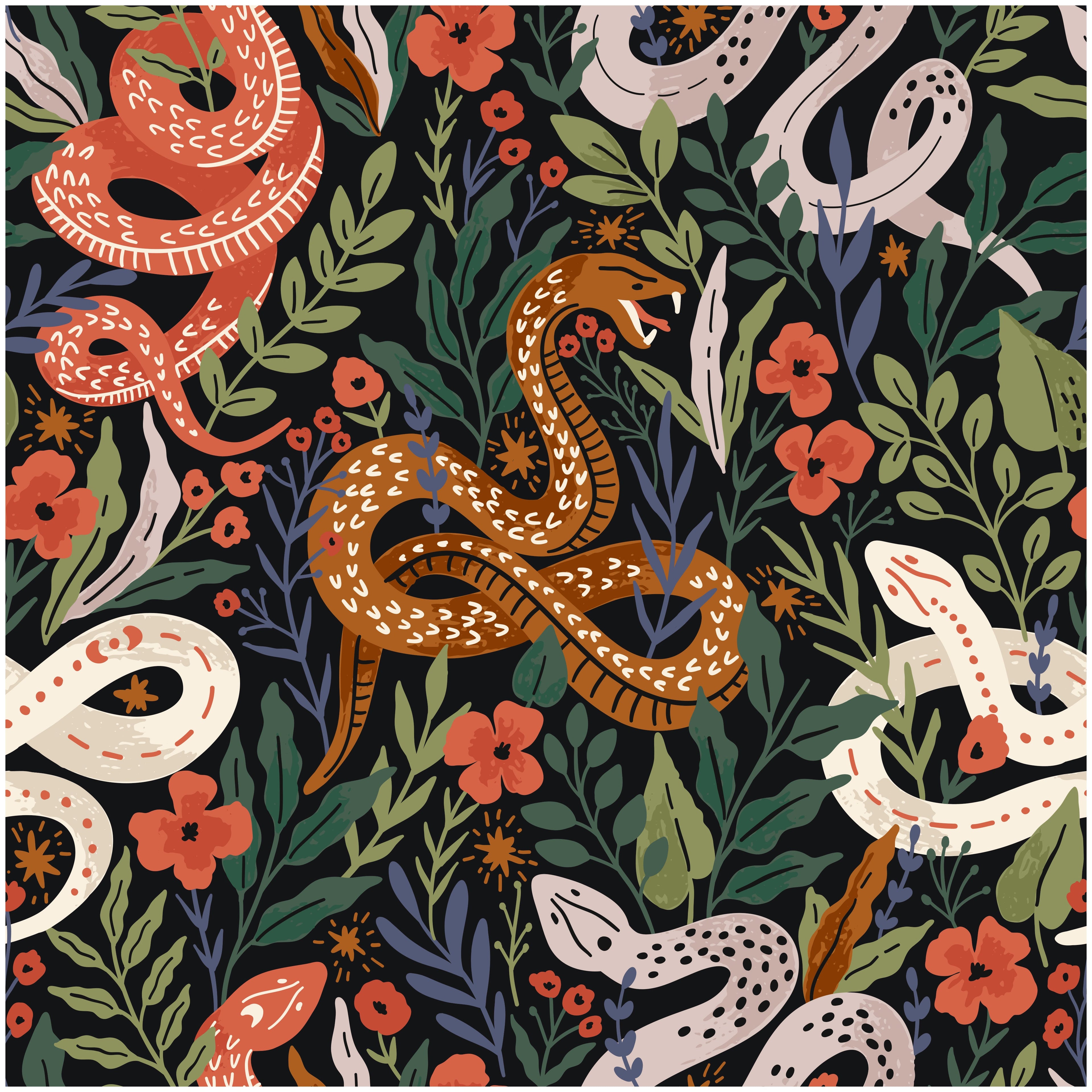 Floralplus Wallpaper Peel and Stick Snake Floral Dark Botanical Jungle Wall Decor Bedroom Living Room Bathroom Removable Mural