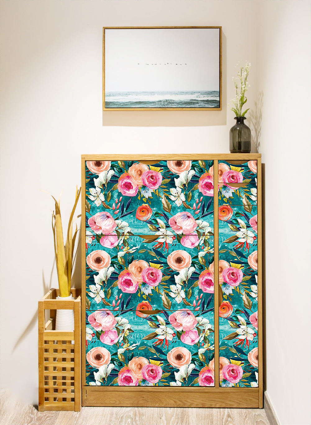 Floralplus Wallpaper Peel and Stick Teal Painterly Floral Wall Mural for Bedroom Living Room Bathroom