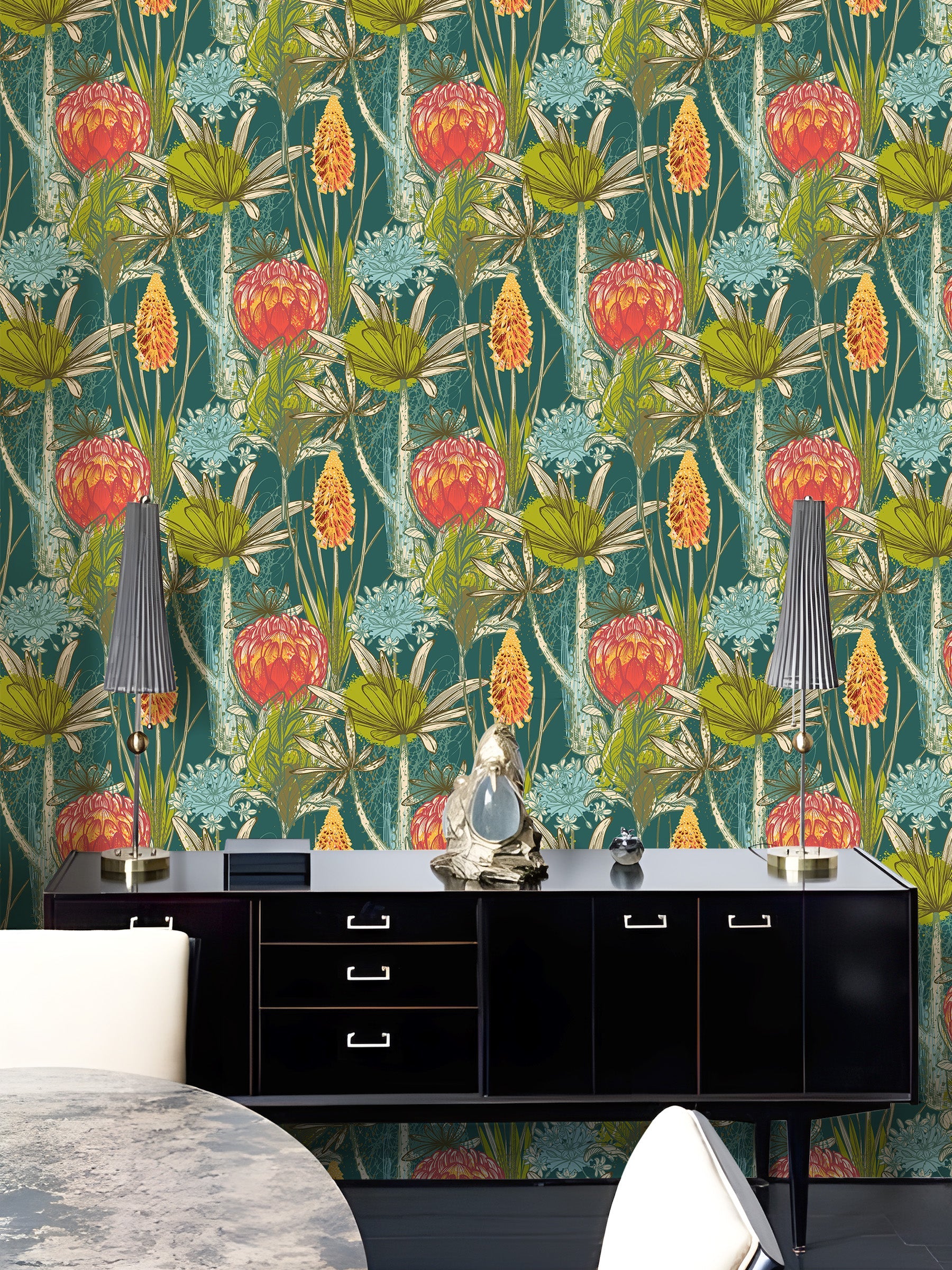 Floralplus Wallpaper Peel and Stick Tropical Botanical Teal Green Orange Floral Jungle Wall Decor Bathroom Bedroom Removable Self Adhesive Mural