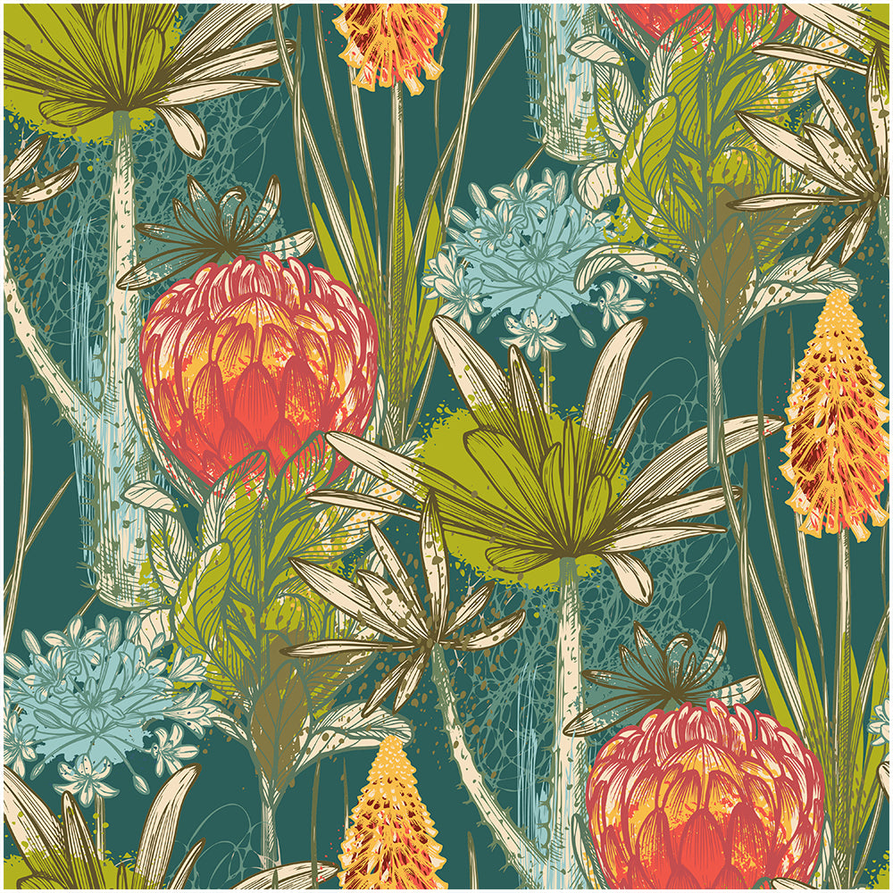 Floralplus Wallpaper Peel and Stick Tropical Botanical Teal Green Orange Floral Jungle Wall Decor Bathroom Bedroom Removable Self Adhesive Mural