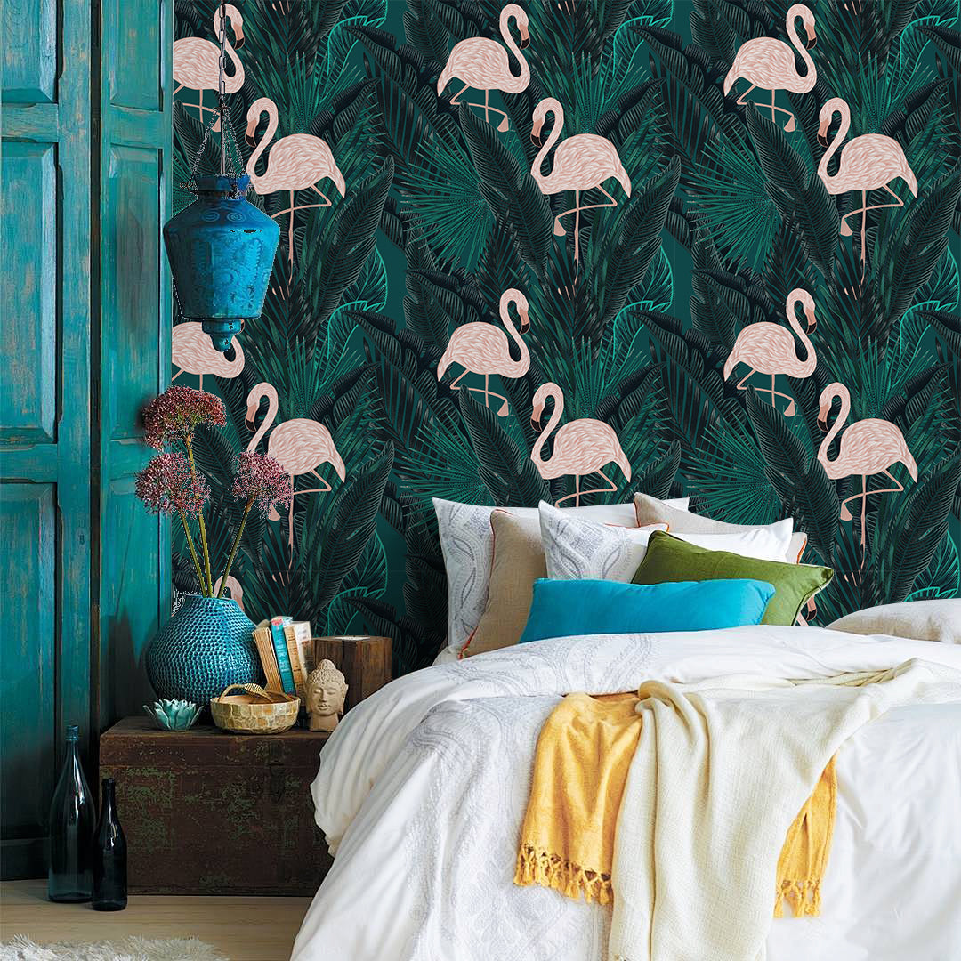 Floralplus Wallpaper Peel and Stick Tropical Flamingo Dark Green Jungle Leaf Wall Decor Bedroom Bathroom Nursery Removable Mural