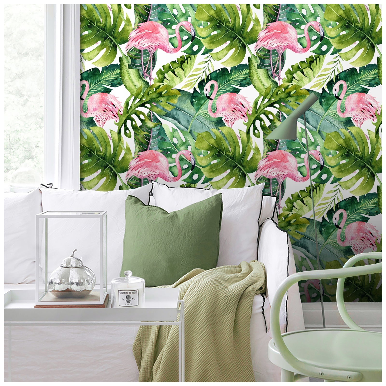 Floralplus Wallpaper Peel and Stick Tropical Flamingo Jungle Green Monstera Banana Leaf Wall Decor Bathroom Nursery Kids Room Removable Mural