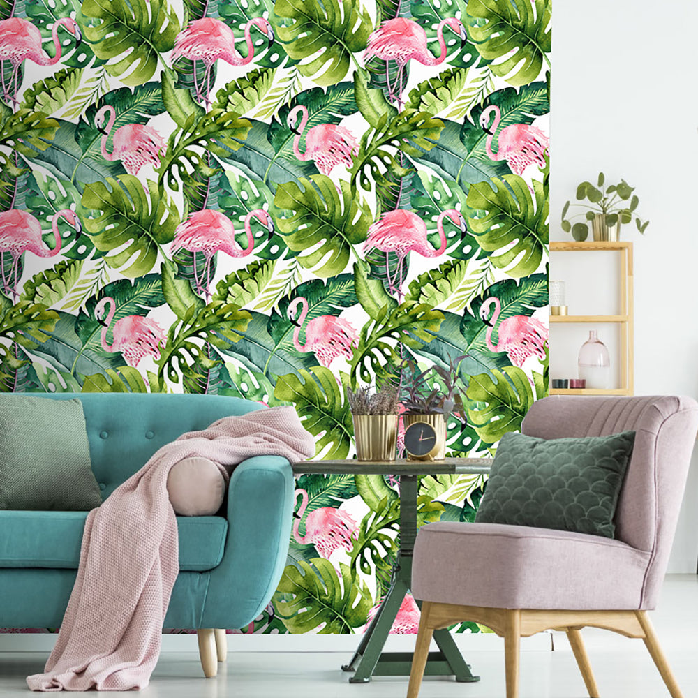 Floralplus Wallpaper Peel and Stick Tropical Flamingo Jungle Green Monstera Banana Leaf Wall Decor Bathroom Nursery Kids Room Removable Mural