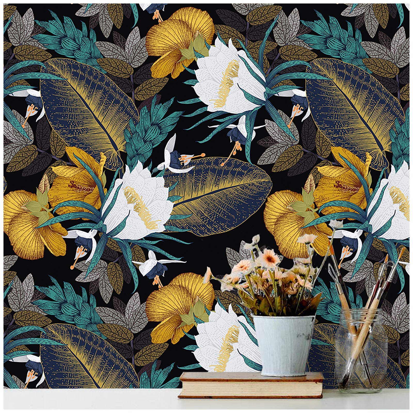 Floralplus Wallpaper Peel and Stick Tropical Floral Black Gold Navy Banana Leaf Jungle Wall Decor Bedroom Bathroom Removable Mural