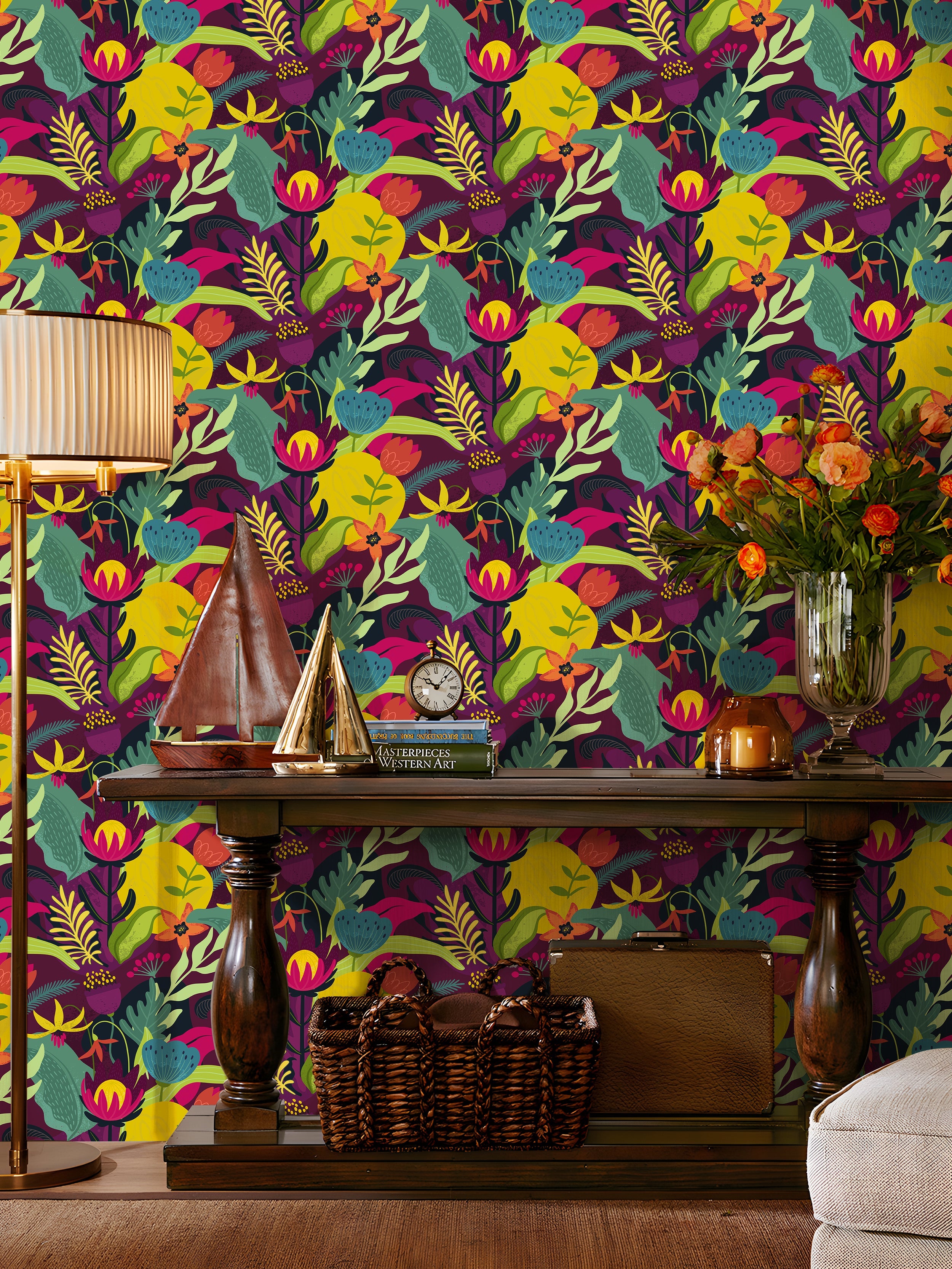 Floralplus Wallpaper Peel and Stick Tropical Floral Boho Colorful Botanical Jungle Wall Decor Bedroom Bathroom Nursery Removable Mural