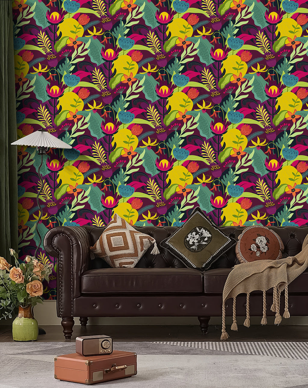 Floralplus Wallpaper Peel and Stick Tropical Floral Boho Colorful Botanical Jungle Wall Decor Bedroom Bathroom Nursery Removable Mural