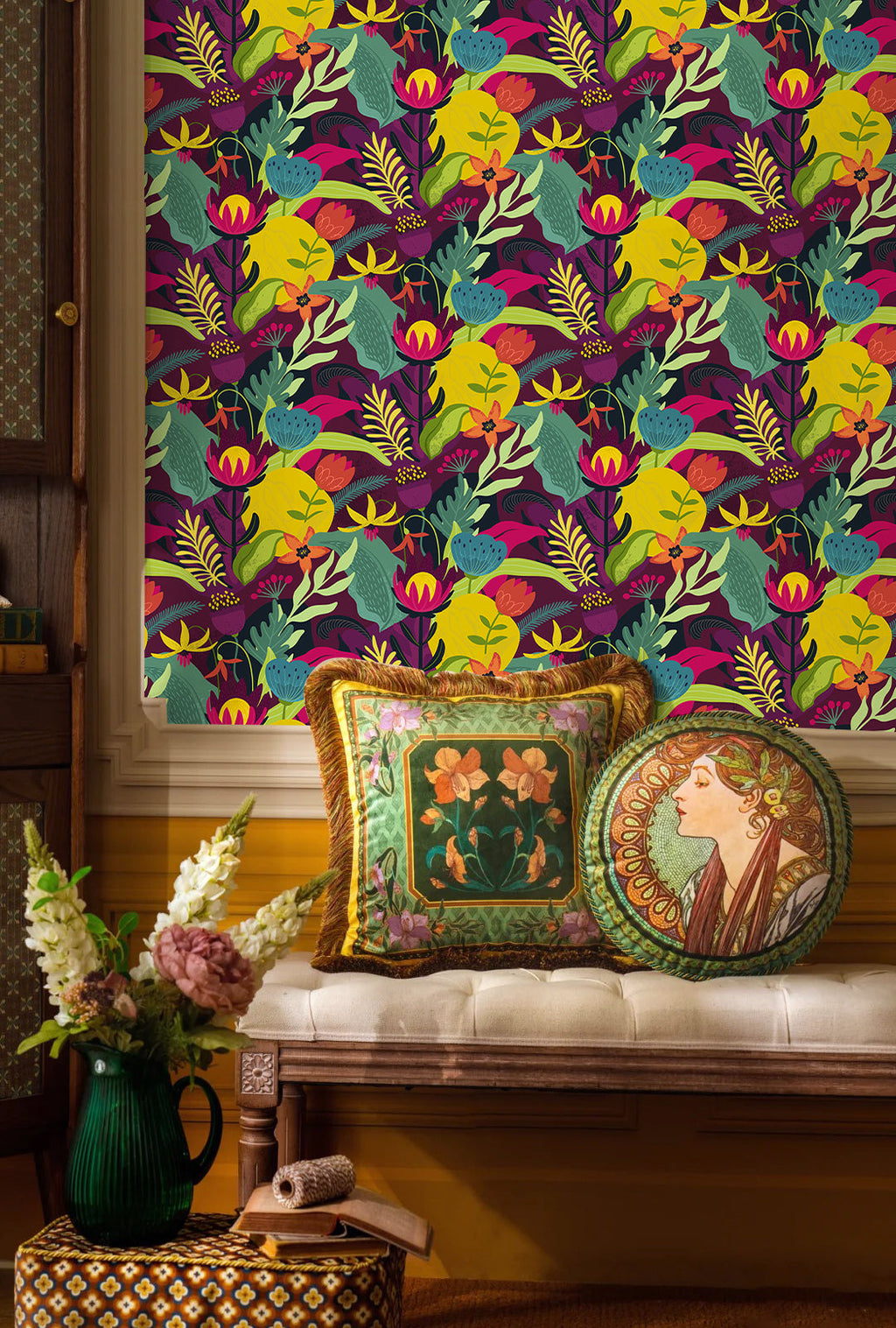 Floralplus Wallpaper Peel and Stick Tropical Floral Boho Colorful Botanical Jungle Wall Decor Bedroom Bathroom Nursery Removable Mural