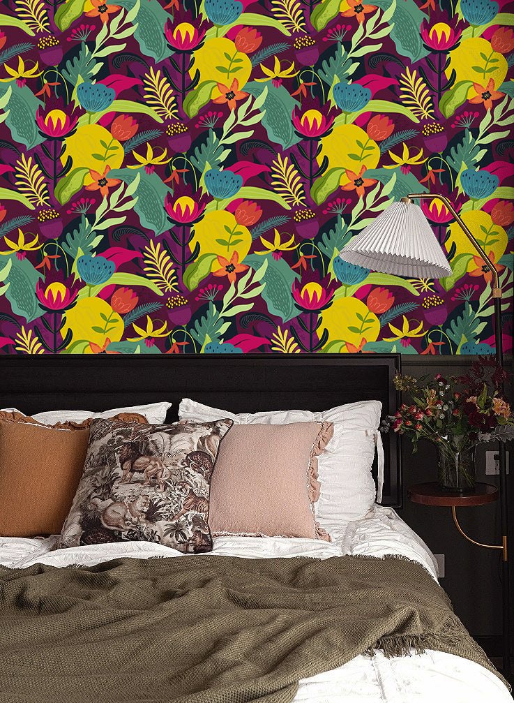 Floralplus Wallpaper Peel and Stick Tropical Floral Boho Colorful Botanical Jungle Wall Decor Bedroom Bathroom Nursery Removable Mural