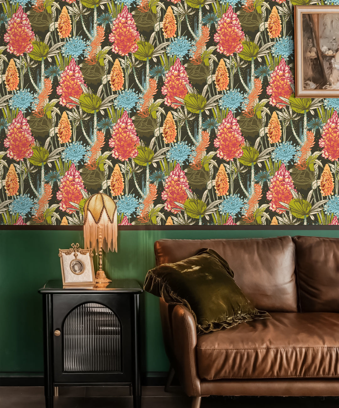 Floralplus Wallpaper Peel and Stick Tropical Jungle Colorful Floral Boho Botanical Dark Removable Mural Bathroom Bedroom Accent Wall Decor