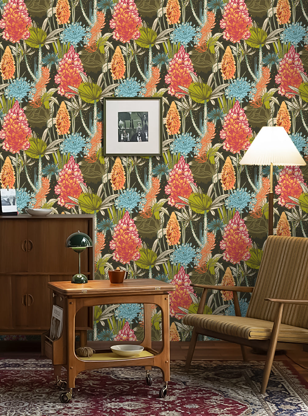 Floralplus Wallpaper Peel and Stick Tropical Jungle Colorful Floral Boho Botanical Dark Removable Mural Bathroom Bedroom Accent Wall Decor