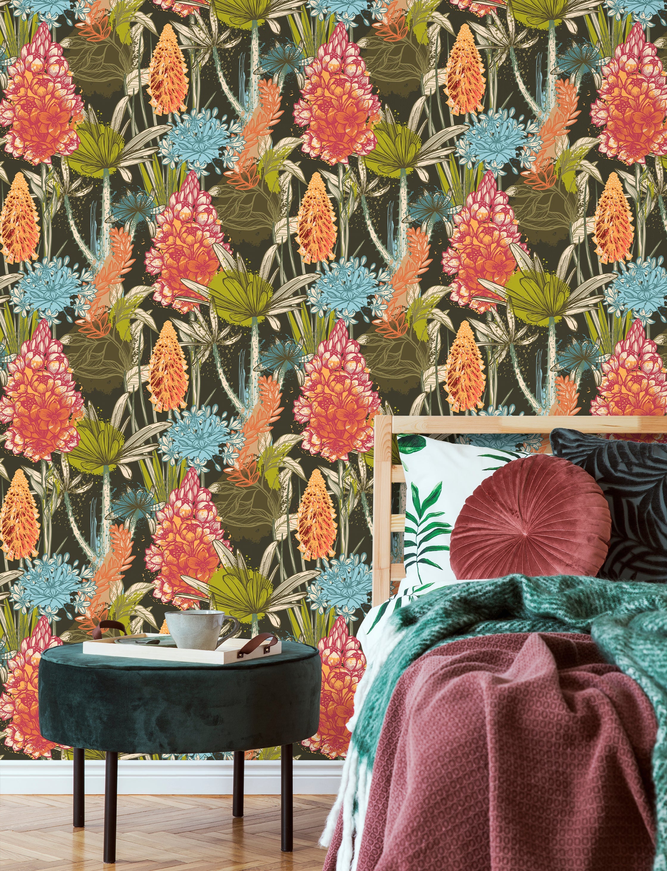 Floralplus Wallpaper Peel and Stick Tropical Jungle Colorful Floral Boho Botanical Dark Removable Mural Bathroom Bedroom Accent Wall Decor