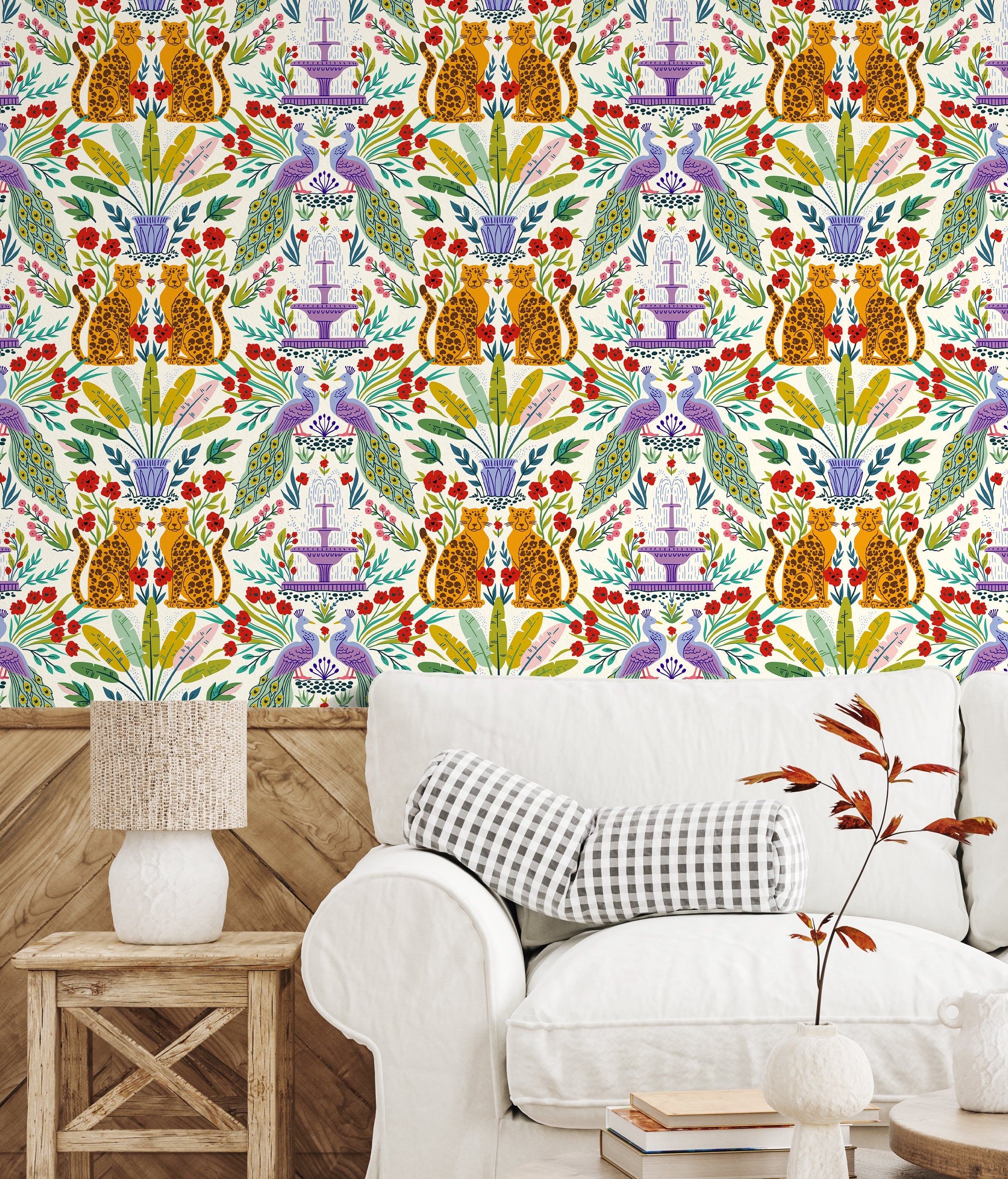 Floralplus Wallpaper Peel and Stick Tropical Leopard Peacock Jungle Cream Wall Decor Nursery Kids Room Bathroom Removable Mural