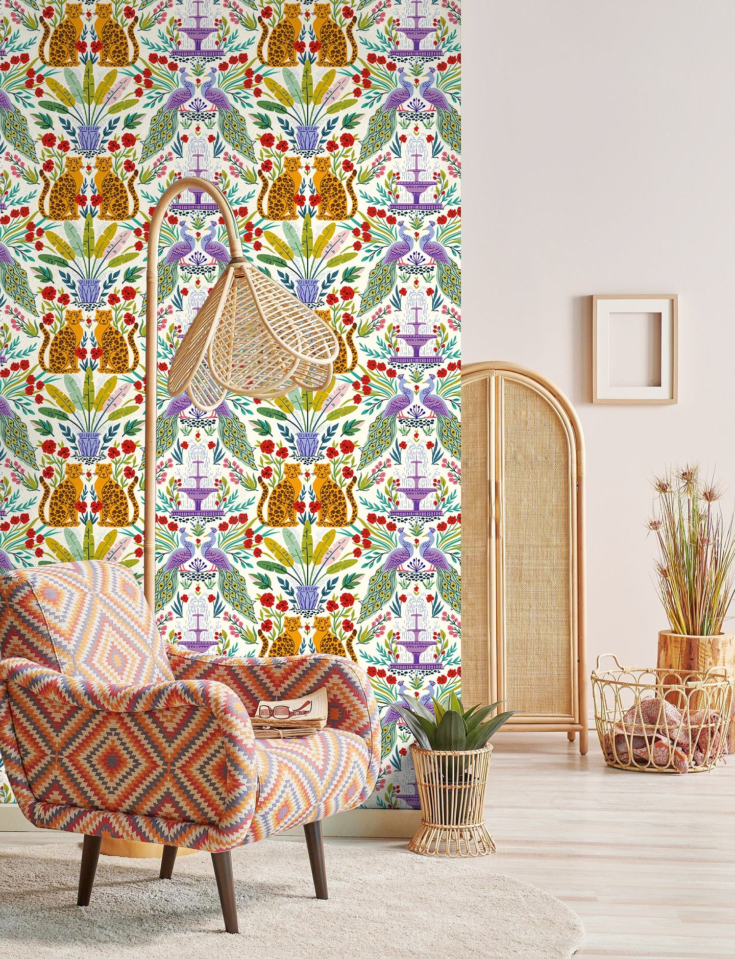 Floralplus Wallpaper Peel and Stick Tropical Leopard Peacock Jungle Cream Wall Decor Nursery Kids Room Bathroom Removable Mural