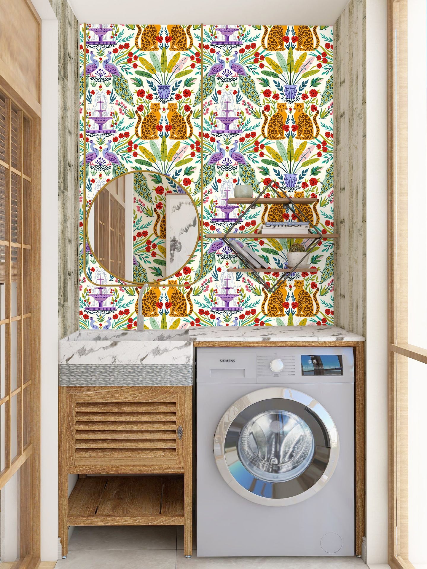 Floralplus Wallpaper Peel and Stick Tropical Leopard Peacock Jungle Cream Wall Decor Nursery Kids Room Bathroom Removable Mural