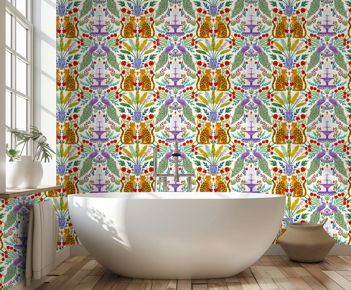 Floralplus Wallpaper Peel and Stick Tropical Leopard Peacock Jungle Cream Wall Decor Nursery Kids Room Bathroom Removable Mural