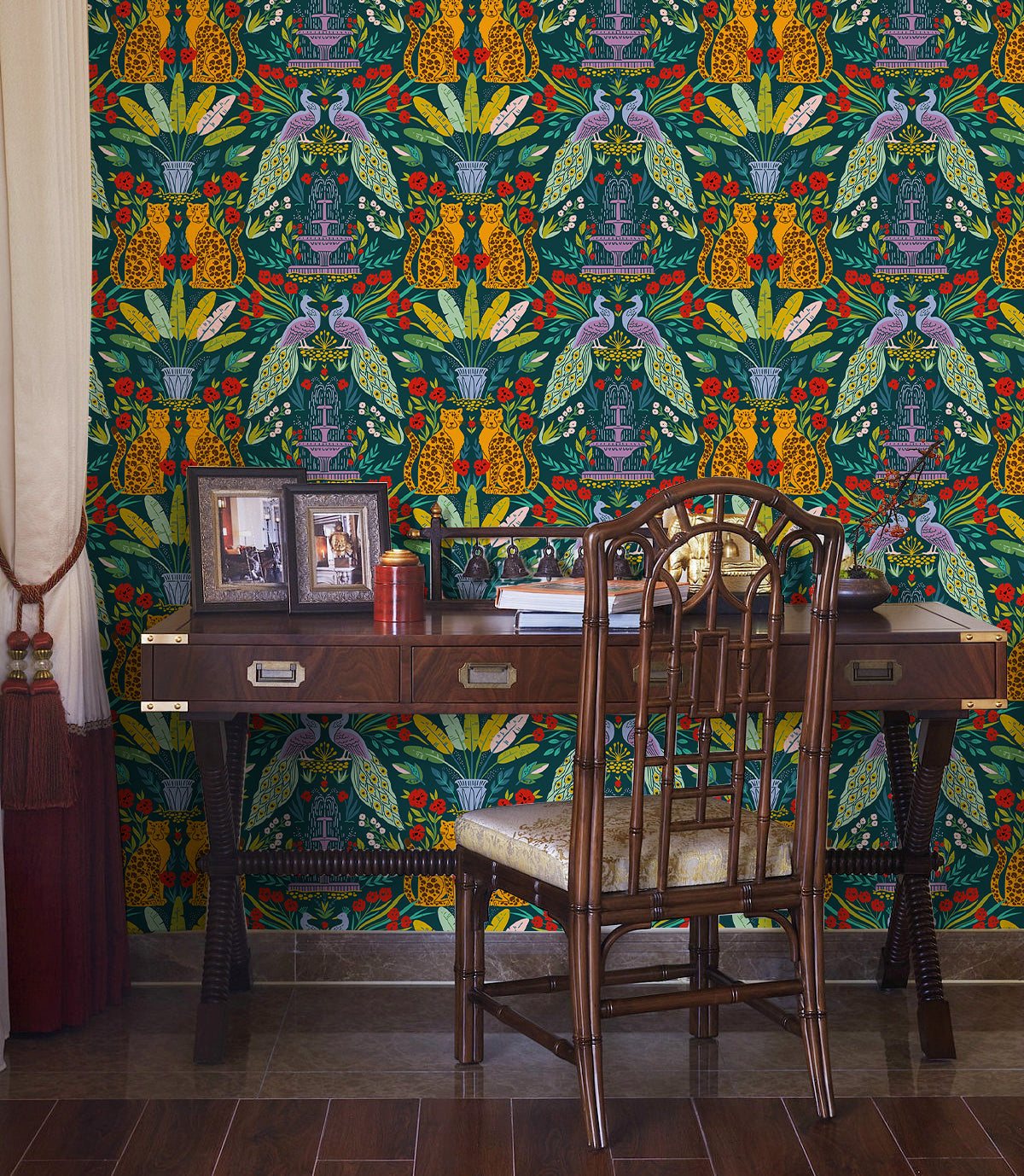 Floralplus Wallpaper Peel and Stick Tropical Leopard Peacock Jungle Kids Room Nursery Living Room Bathroom Removable Wall Mural