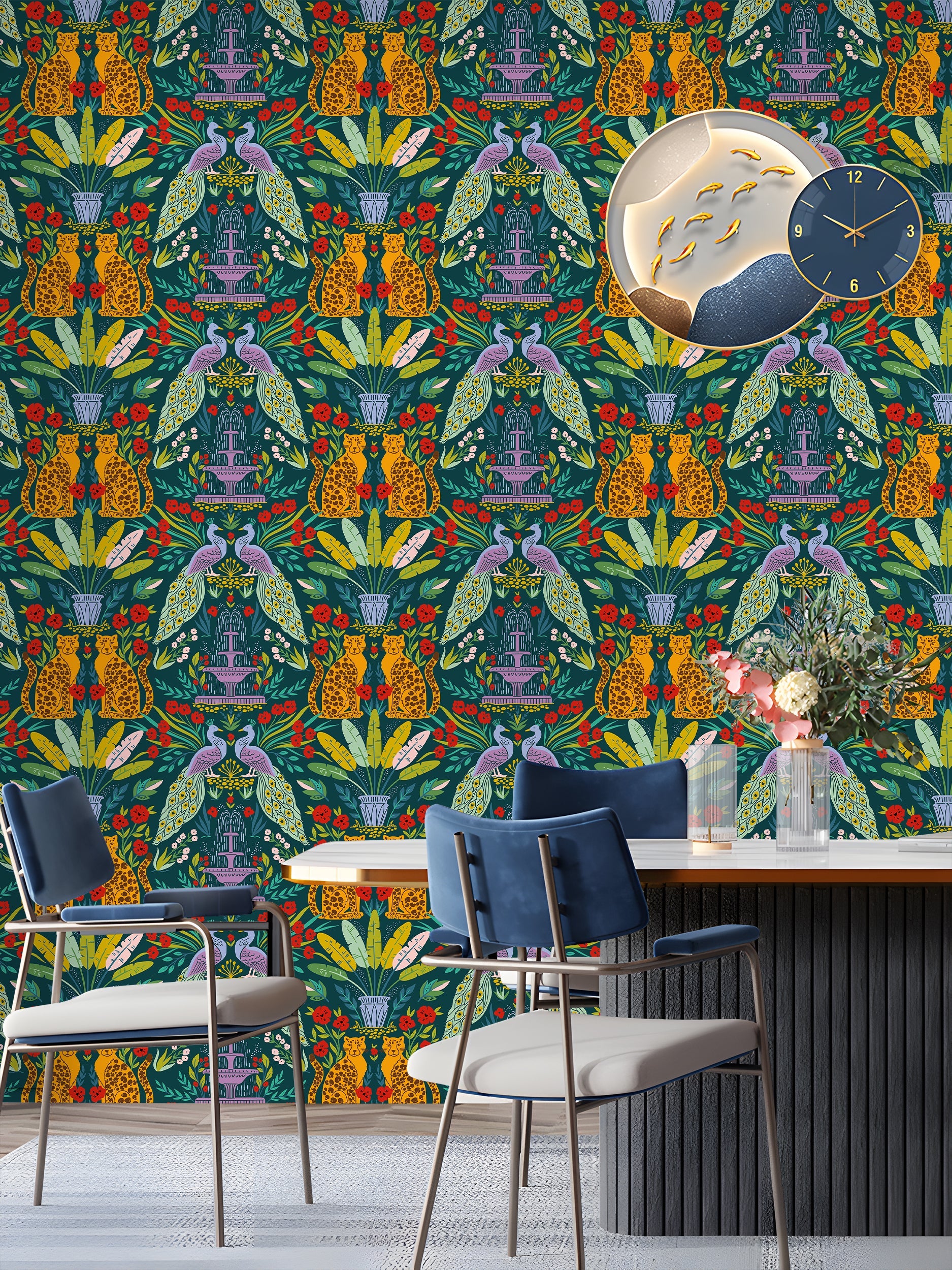 Floralplus Wallpaper Peel and Stick Tropical Leopard Peacock Jungle Kids Room Nursery Living Room Bathroom Removable Wall Mural